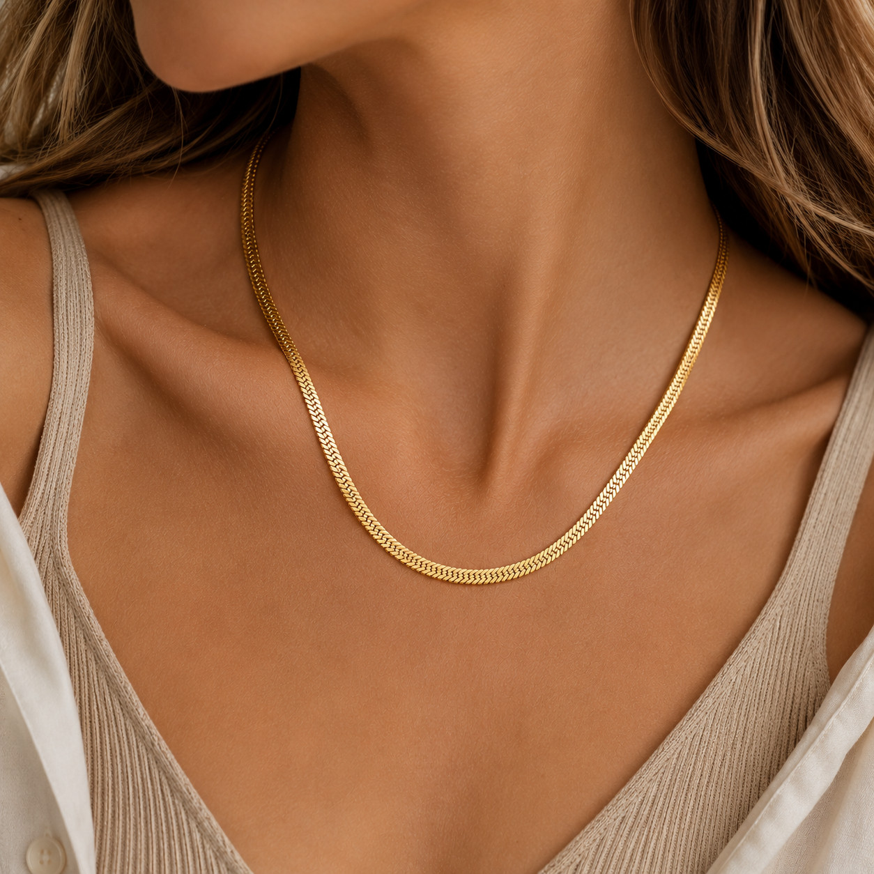 18K Gold Plated Herringbone Necklace for Women & Men, Premium Stainless Steel Fl