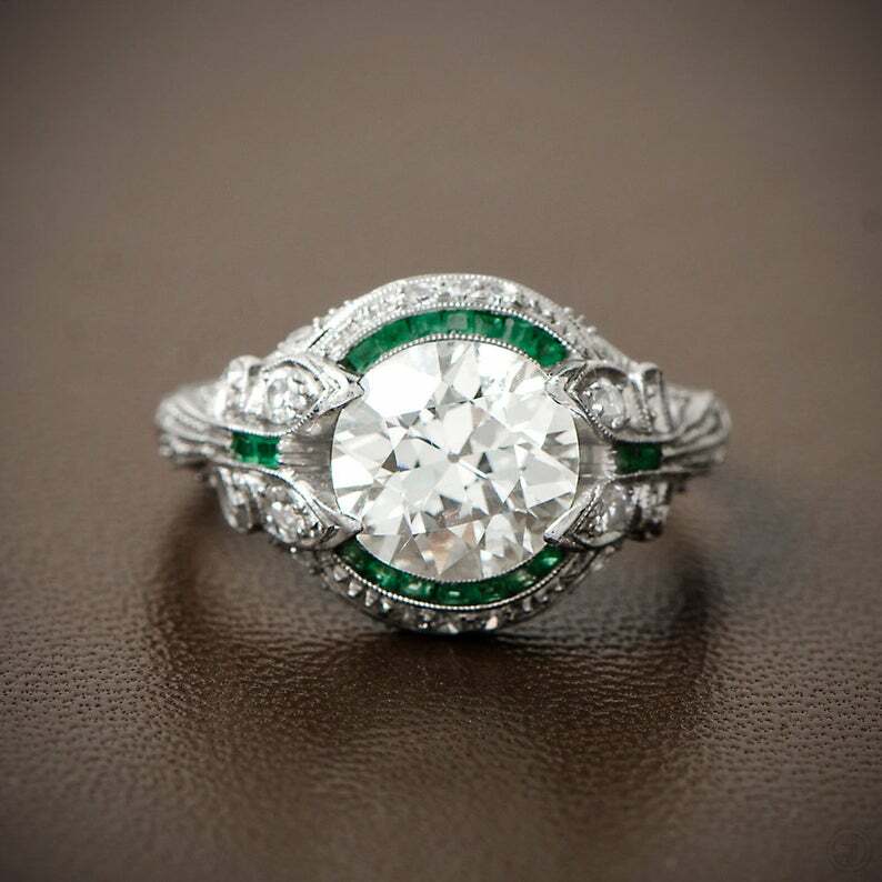 Rare & Pristine Art Deco Style With Brilliant White CZ & Green Emerald Fine Ring