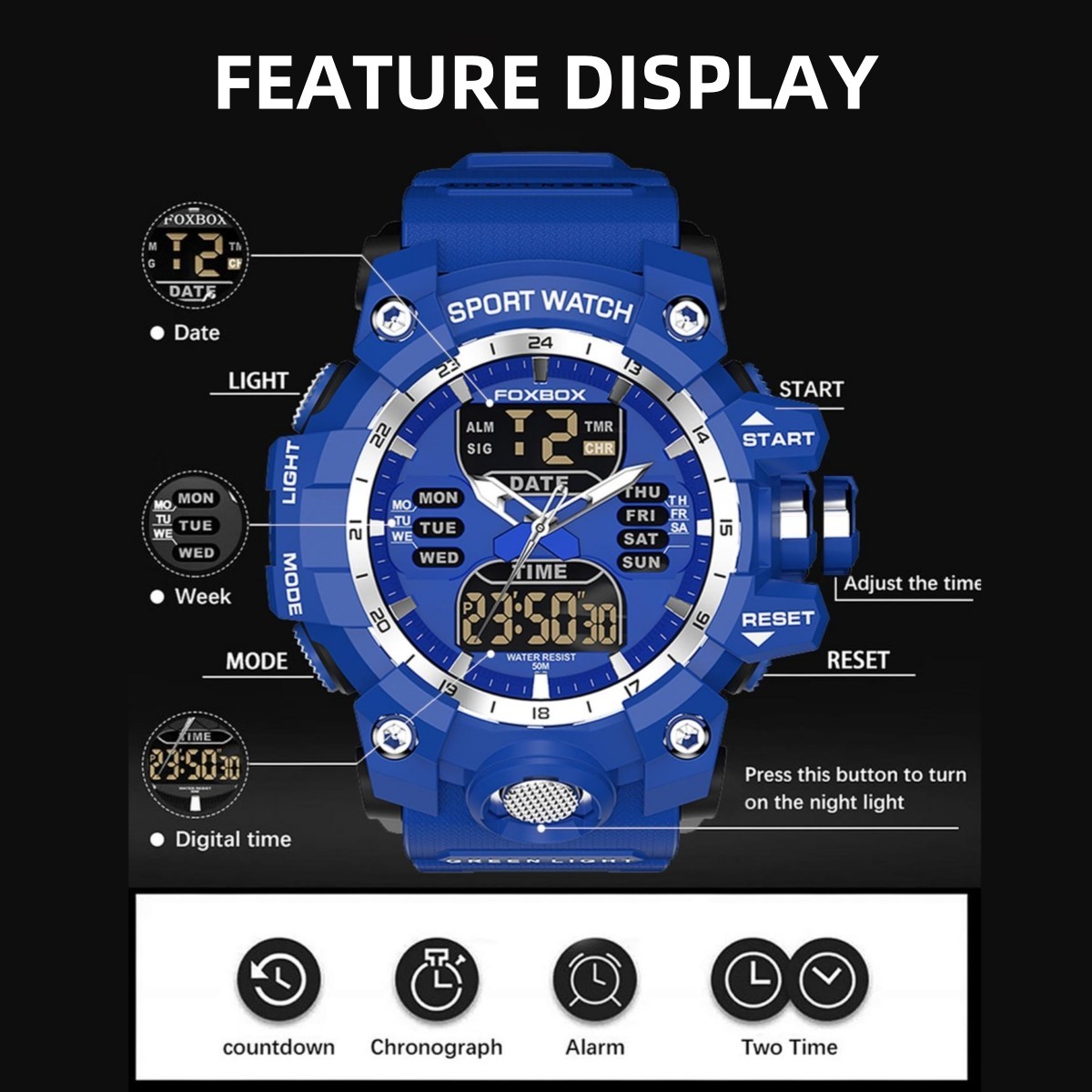 LIGE Men Watch Big LDE Digital Dial Quartz Date Week Waterproof Sport Wristwatch