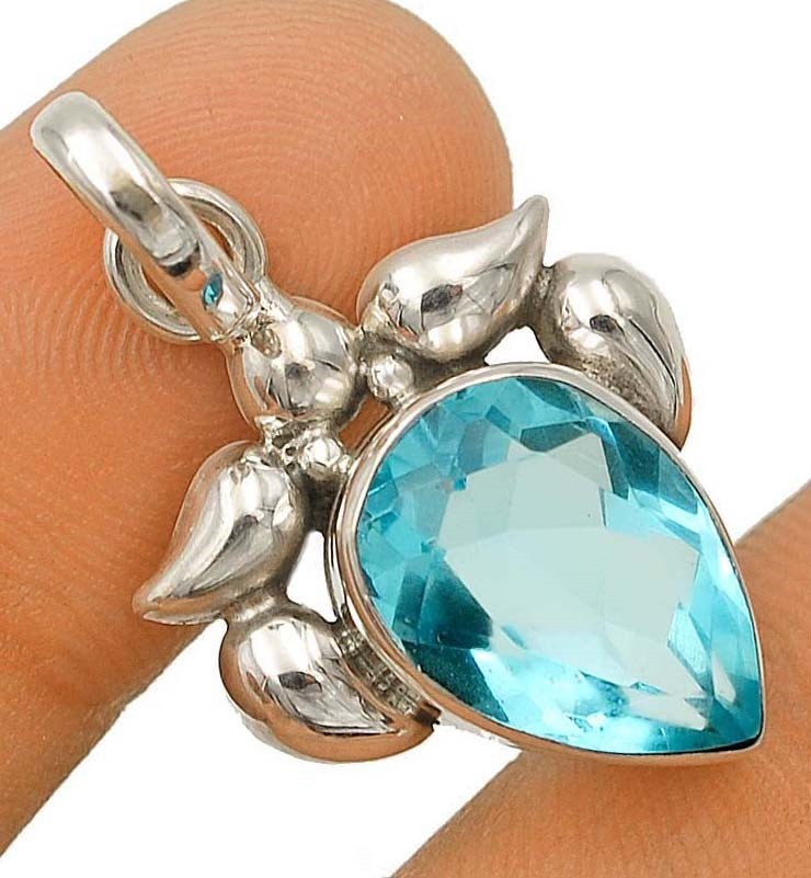 5CT Natural Flawless Blue Topaz 925 Sterling Silver Pendant 1 1/4″ Long @B10-7