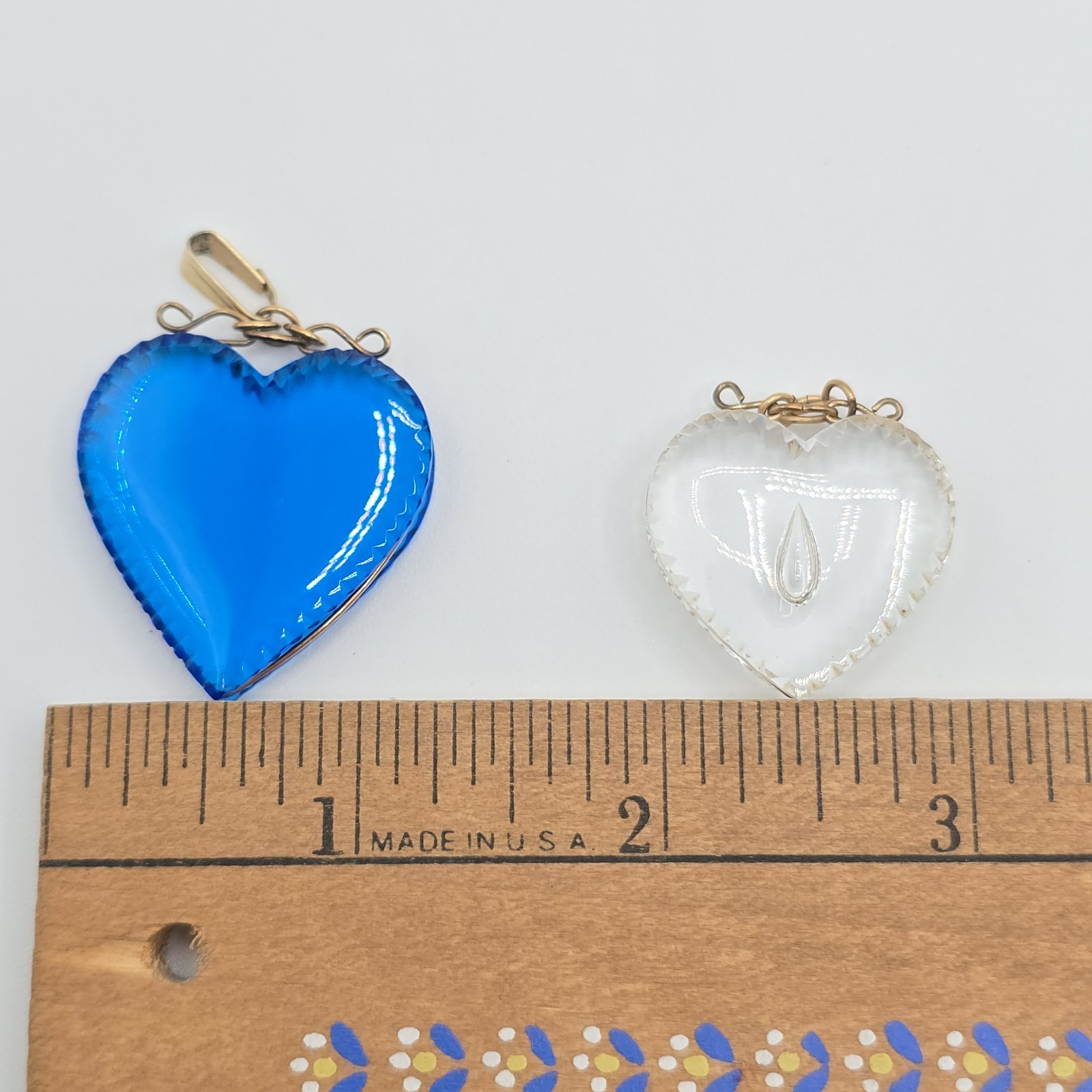 VTG Pressed Glass Heart Pendant 2 Pc Lot, Blue & Clear, Gold Tone Wire Wrapped