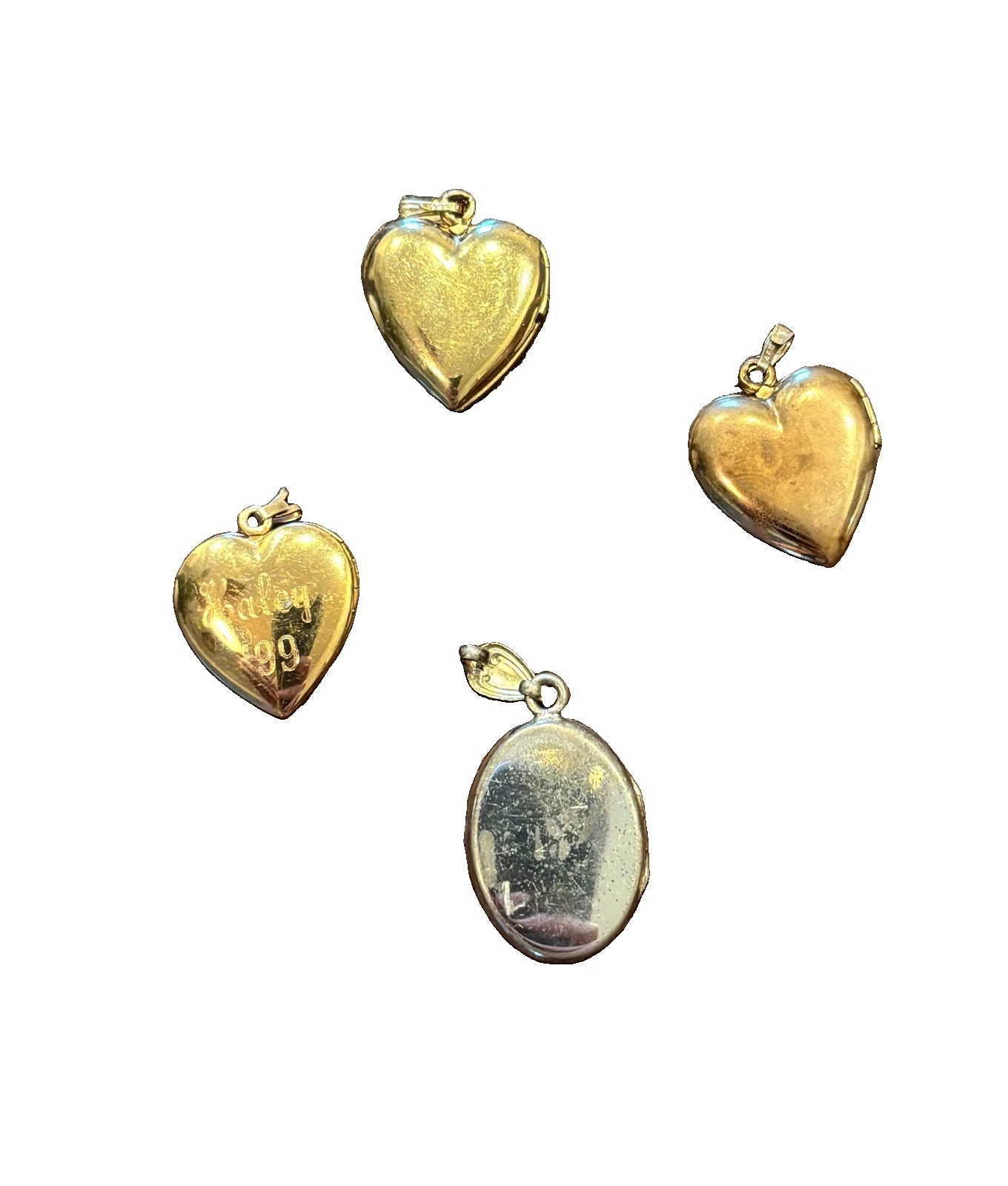 Lot of 4 Heart & Oval Photo Locket Pendants, Gold & Silver Tone Metal