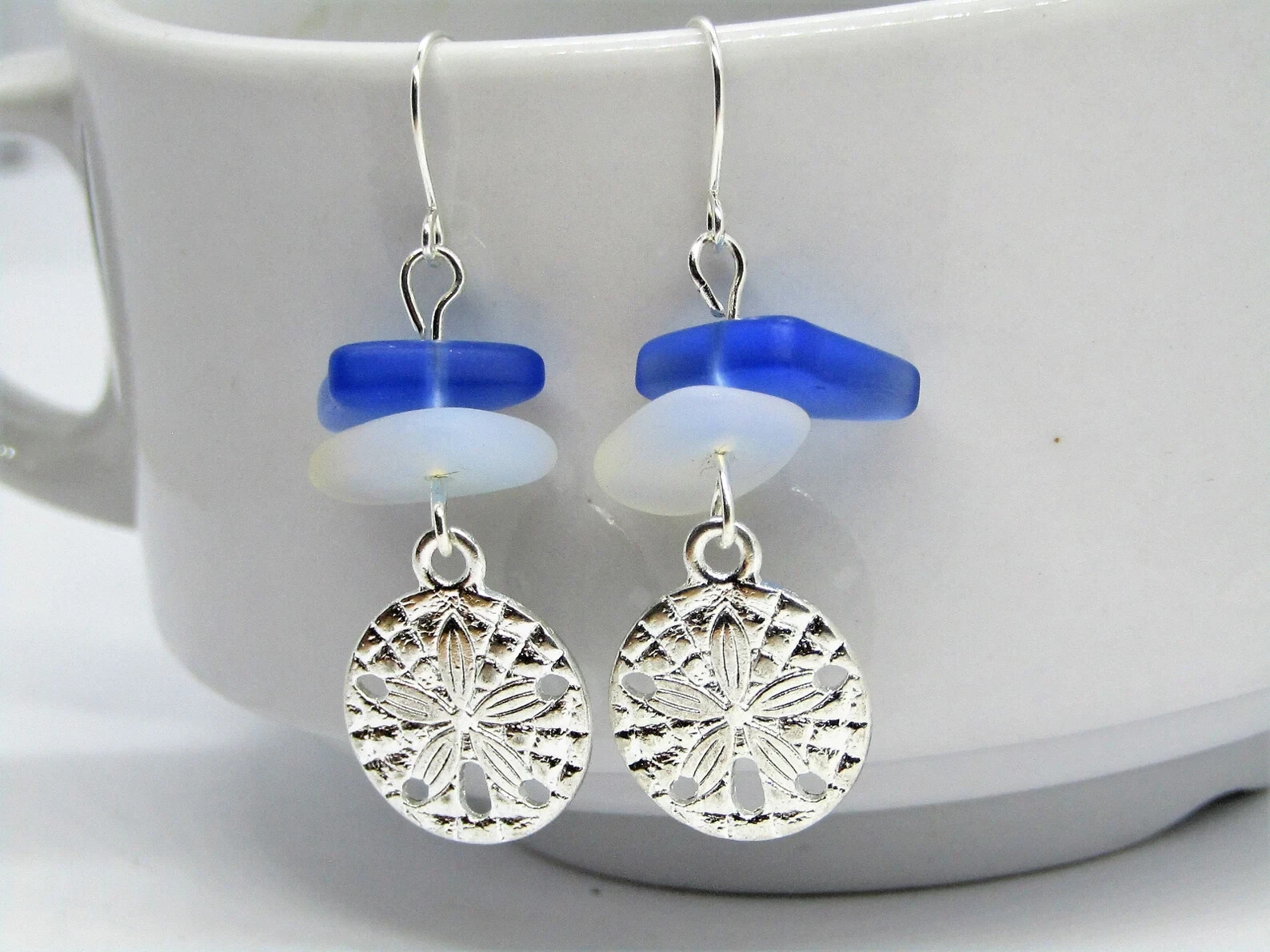 Frosted Opal & Blue Sea Glass Beach Stone Pebble Silver Charm SAND DOLLAR Shell