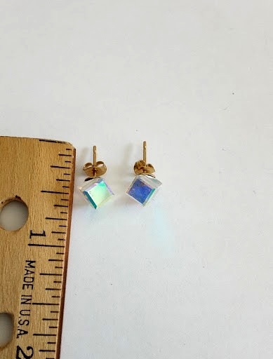 VTG Aurora Borealis Clear Glass Cube Stud Earrings Surgical Steel With Box
