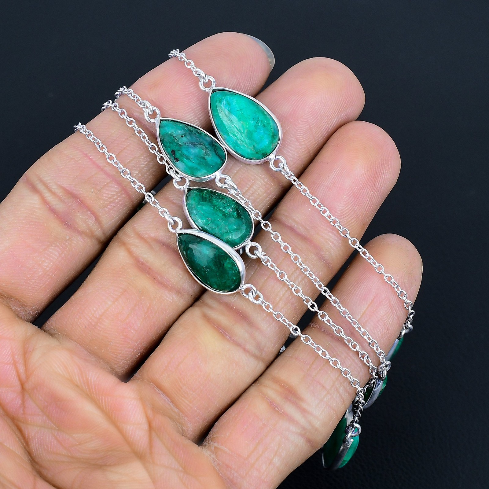 Sakota Mines Emerald Pear Gemstone 925 Sterling Silver Jewelry Necklace 36″ VJ 1