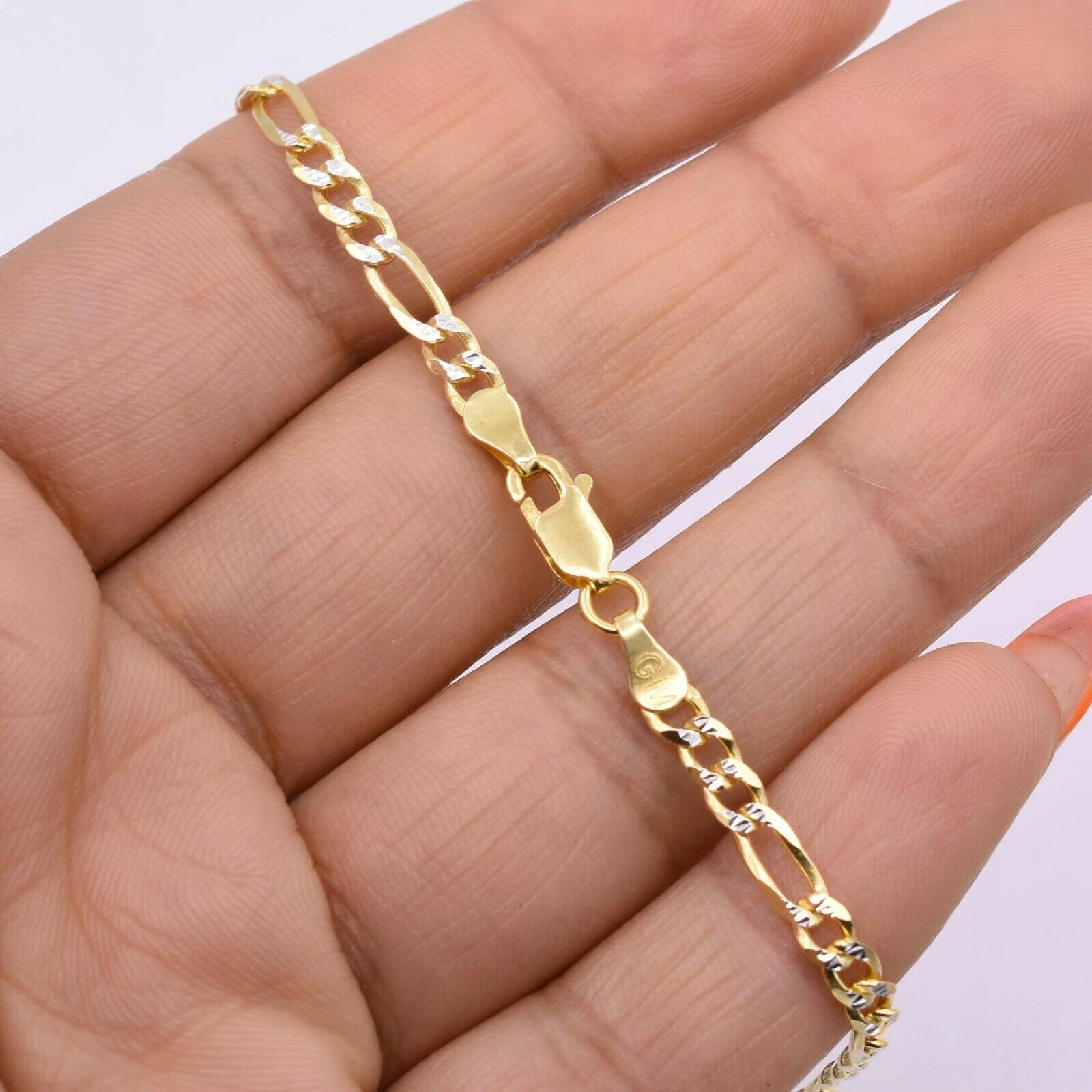 3.5mm Two-Tone Figaro Pave Link Chain Anklet 14K Yellow Gold-Plated Silver 925