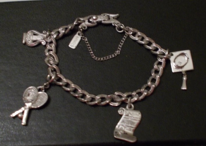 VTG MONET Bracelet with 4 Charms Size 7in Silver Ton Safety Chain 