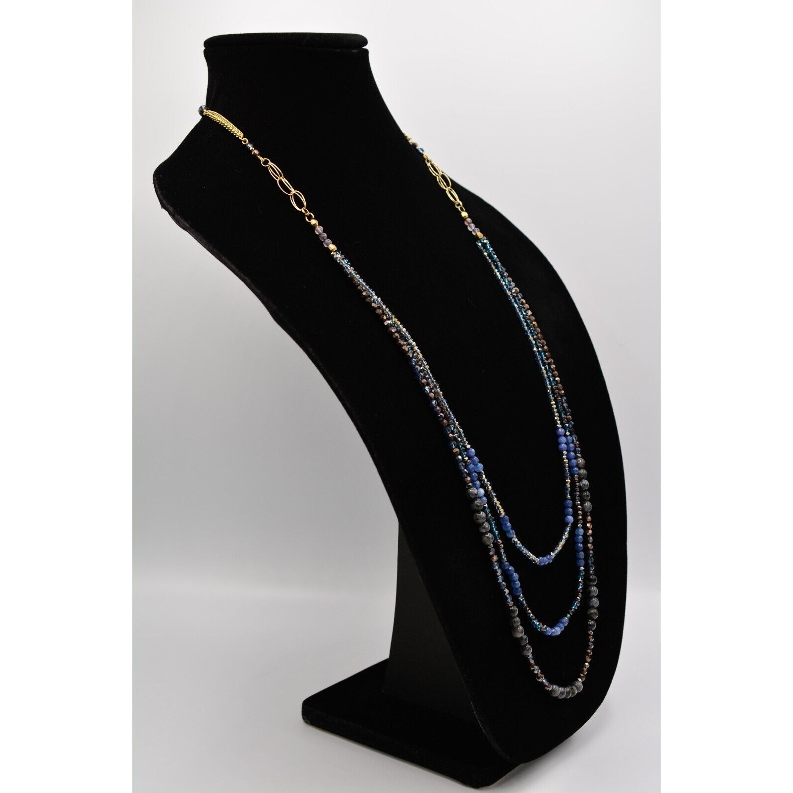 Nakamol Cabochon Necklace Blue Gray Crystal Beaded Chain Gold Tone SIgned 9J