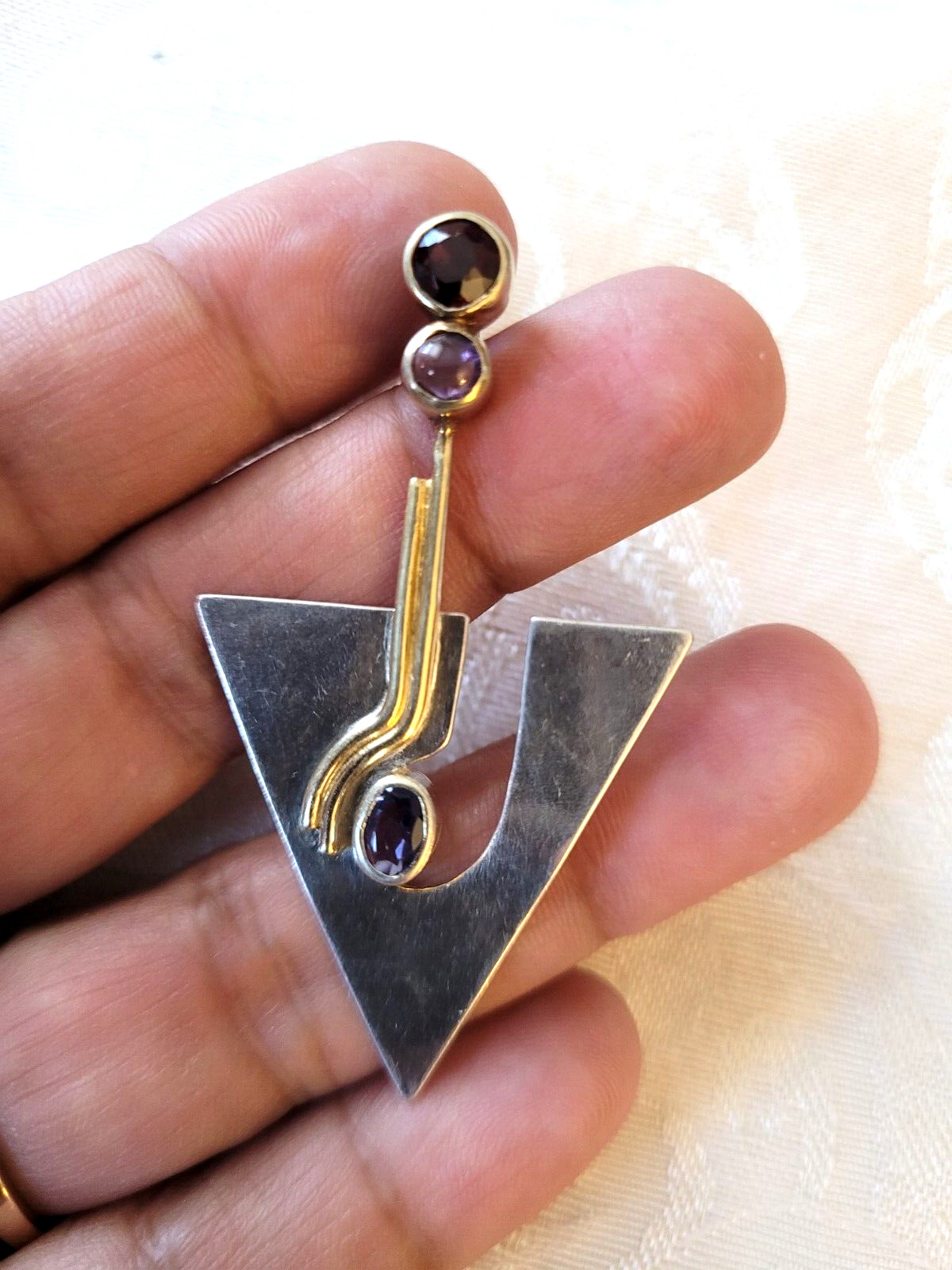 Vintage Signed YES Studio 925 Sterling Silver Amethyst Modernist Arrow? Pendant