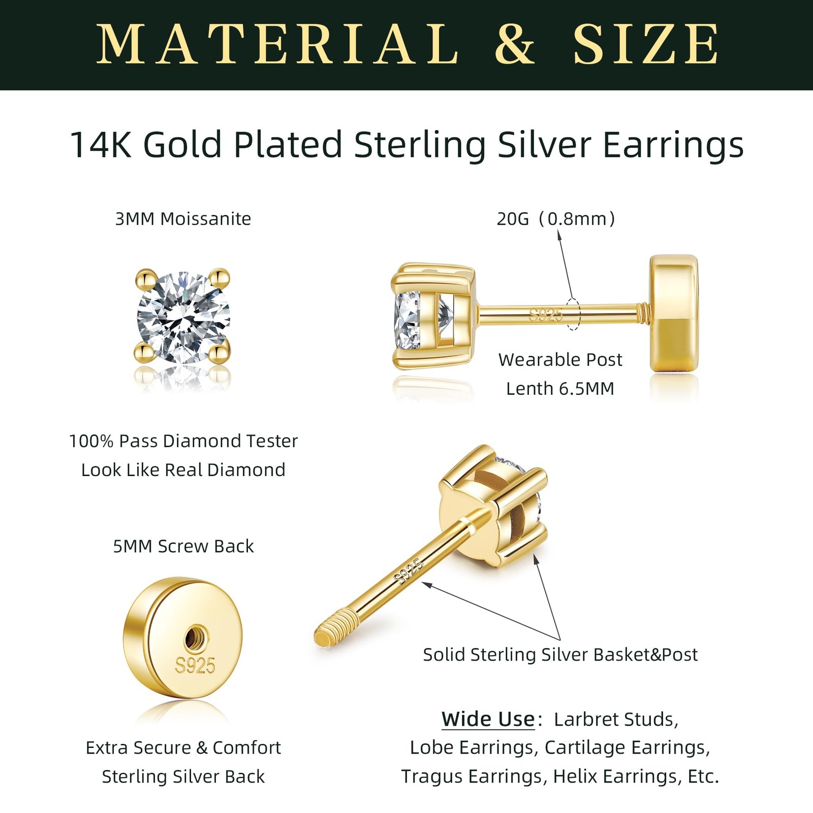 14K Gold Plated 925 Sterling Silver Moissanite Stud Flat Back Earrings for Wo…