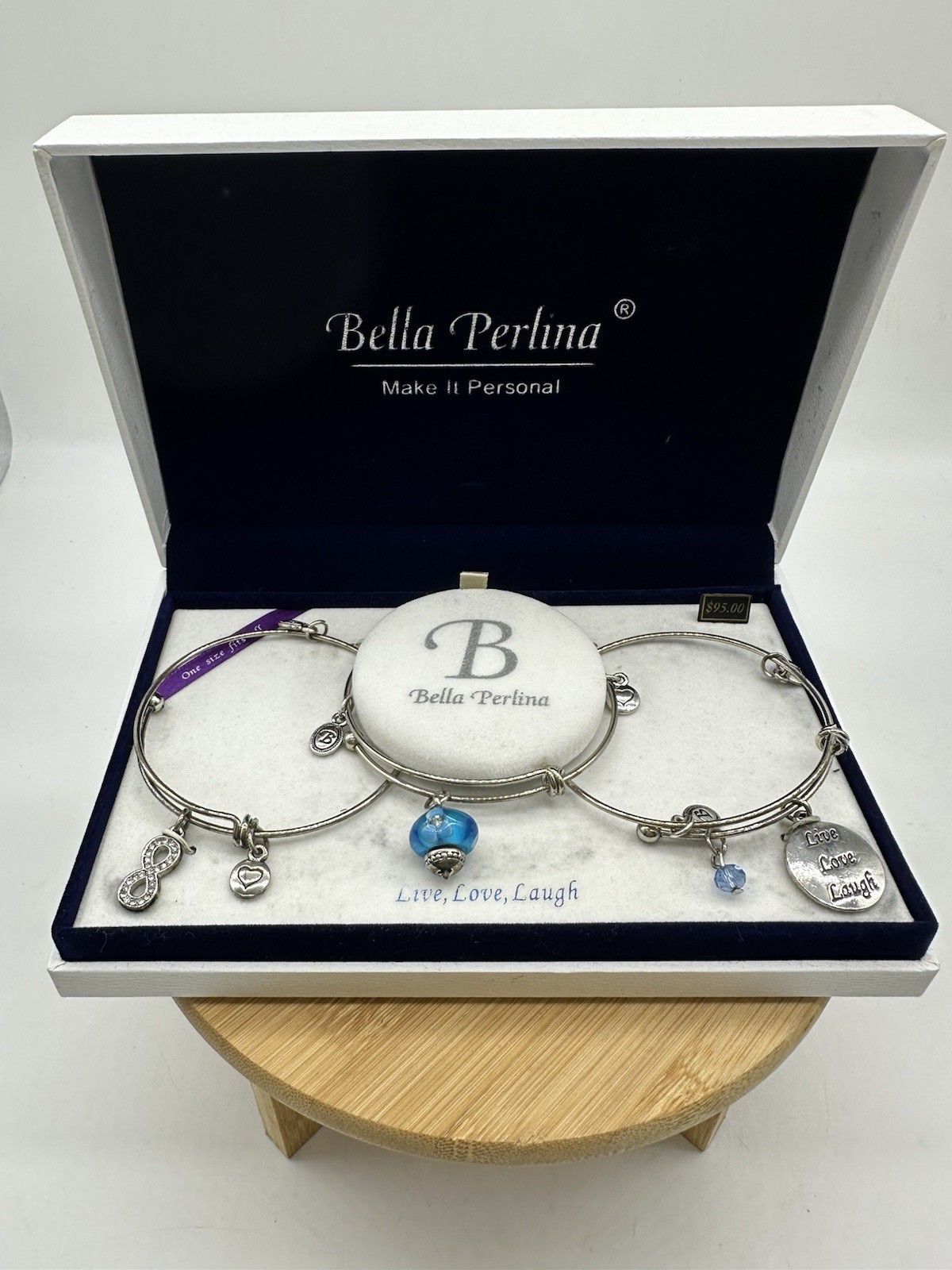 Bella Perlina 3 Piece Bracelet Set Live Laugh Love Silvertone Charms In Box READ