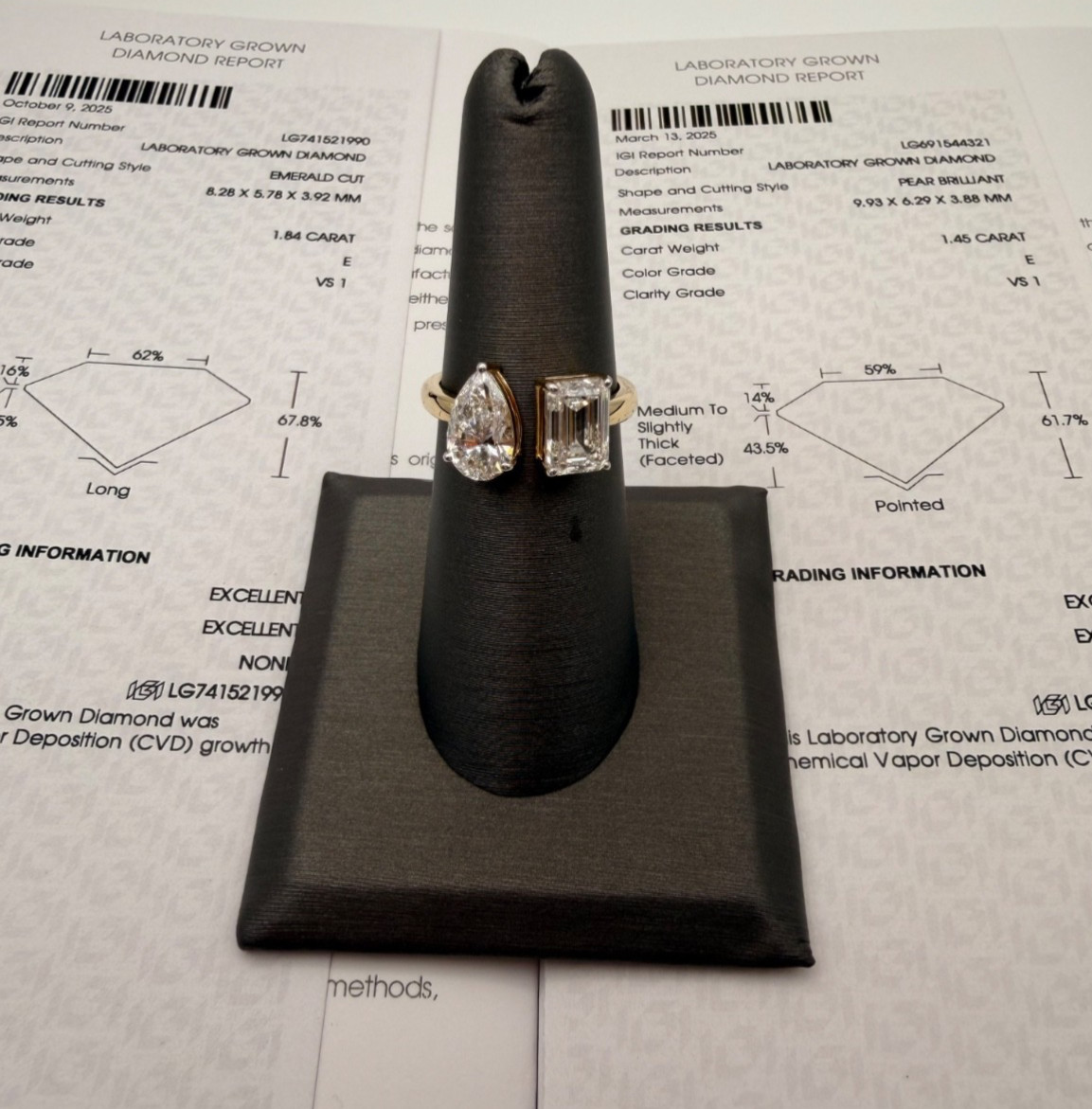 14K Gold 3.29 CTW Lab Grown Diamond Toi et Moi Ring IGI Pear & Emerald Cut