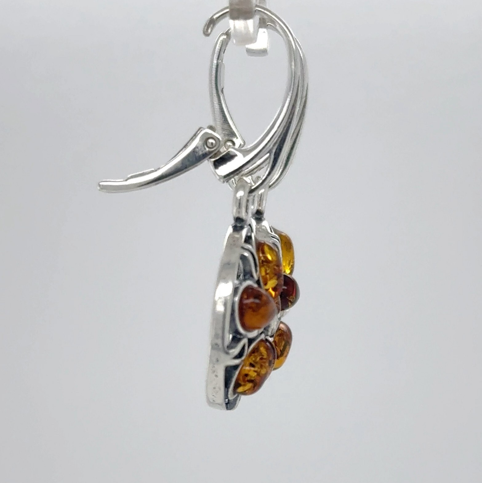 Cognac / Brown BALTIC AMBER Flower Leveback Earrings 925 STERLING SILVER #1666