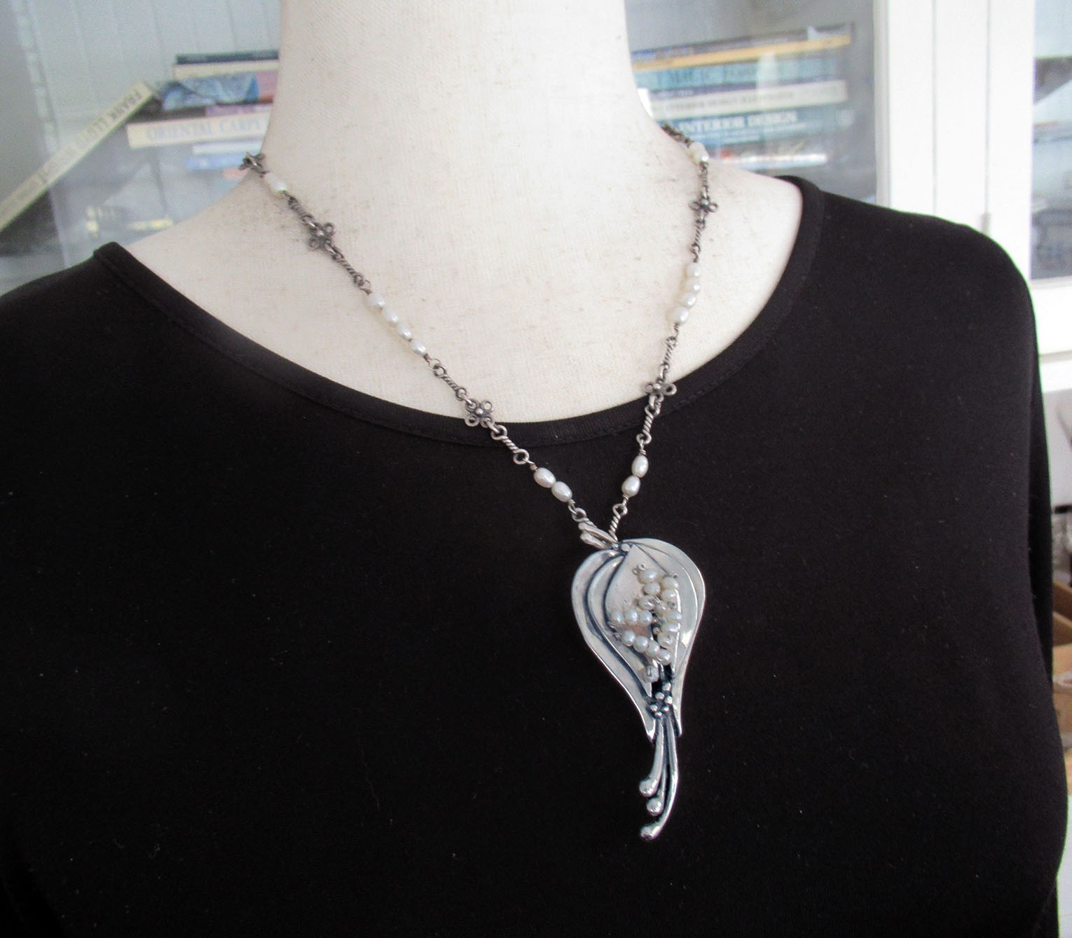 HANDMADE LARGE STERLING NECKLACE PENDANT BROOCH w PEARLS, 2 3/4 INCHES, 34 GRAMS