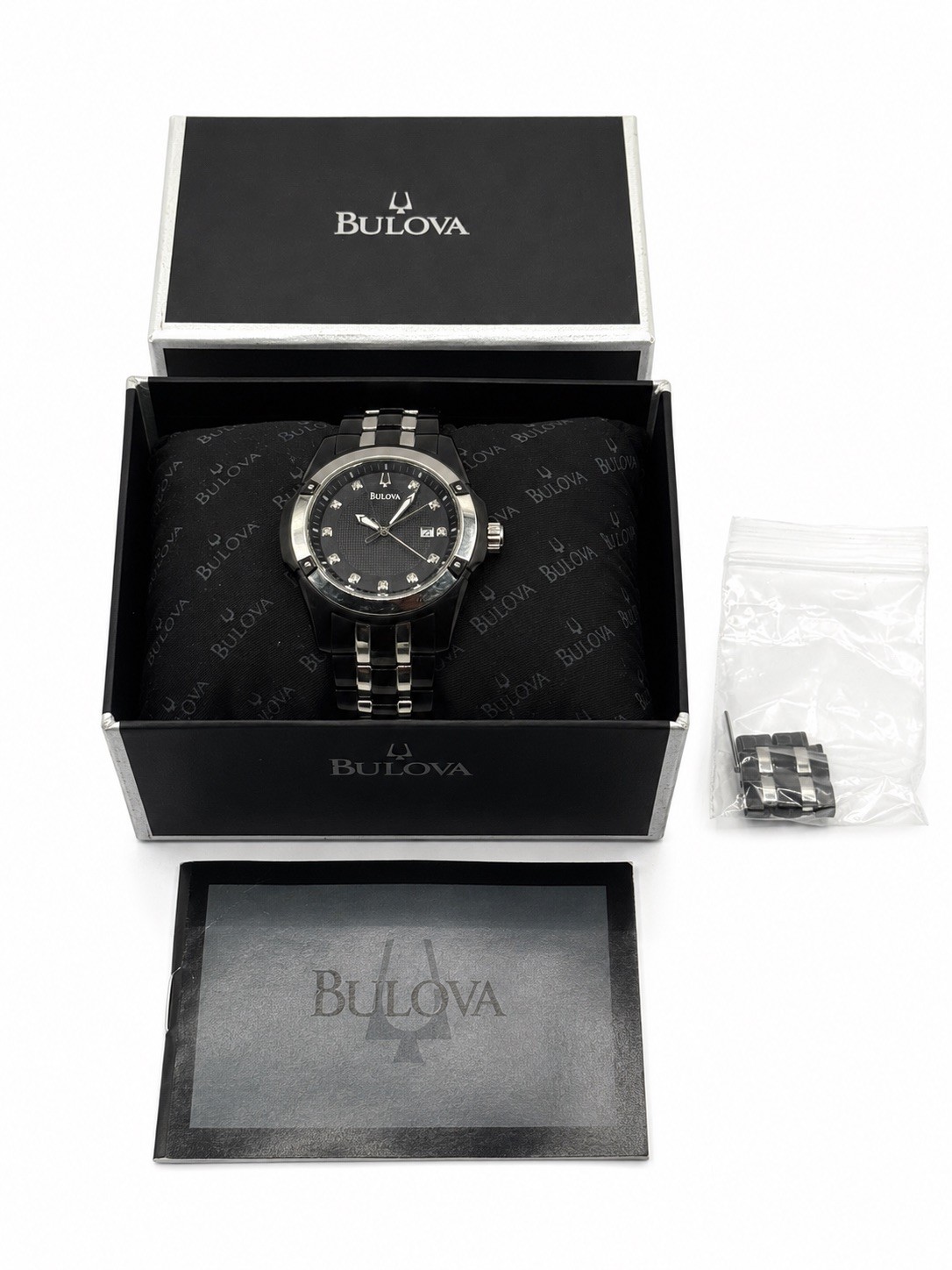 Bulova Stainless Steel Black With Diamonds Around Dial Black Face w/Original Box