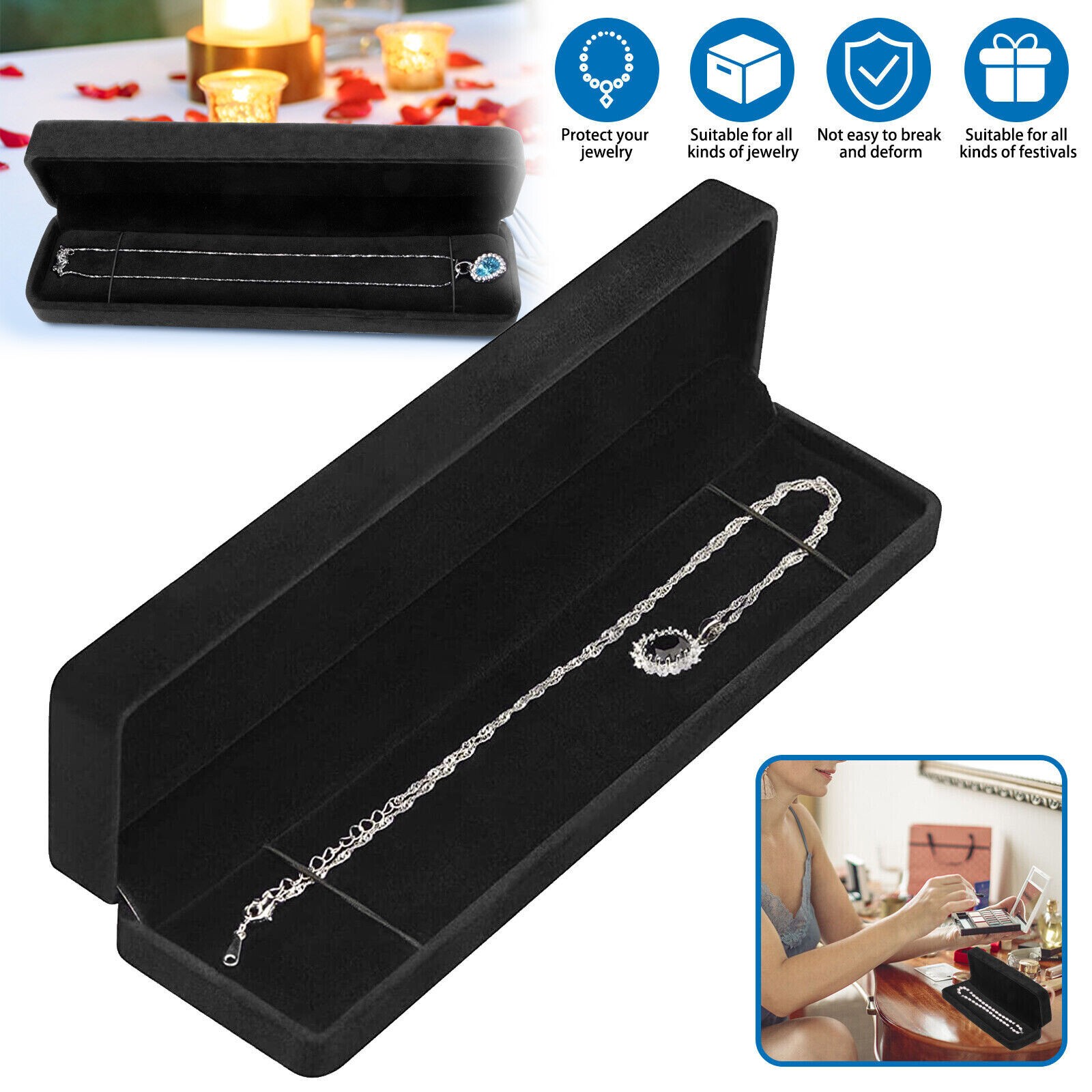 Black Velvet Bracelet Chain Necklace Gift Box Case Jewelry Display Mother’s Day