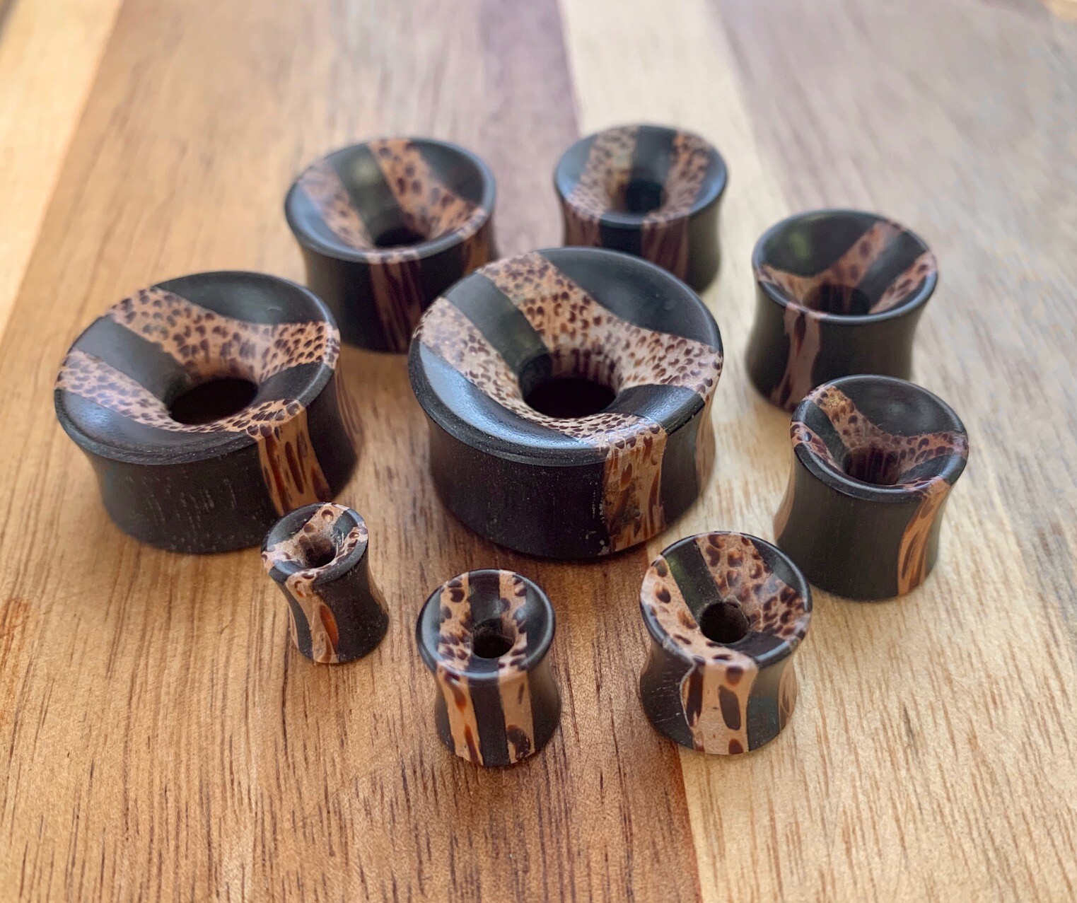 PAIR Coconut & Areng Wood Striped Tunnels Plugs Organic Gauges Body Jewelry
