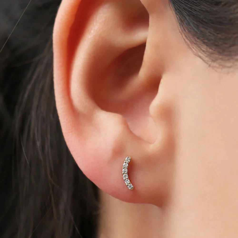 0.10 TCW H-I/SI Round Natural Diamond 14K Gold Curved Bar Stud Earrings For Gift