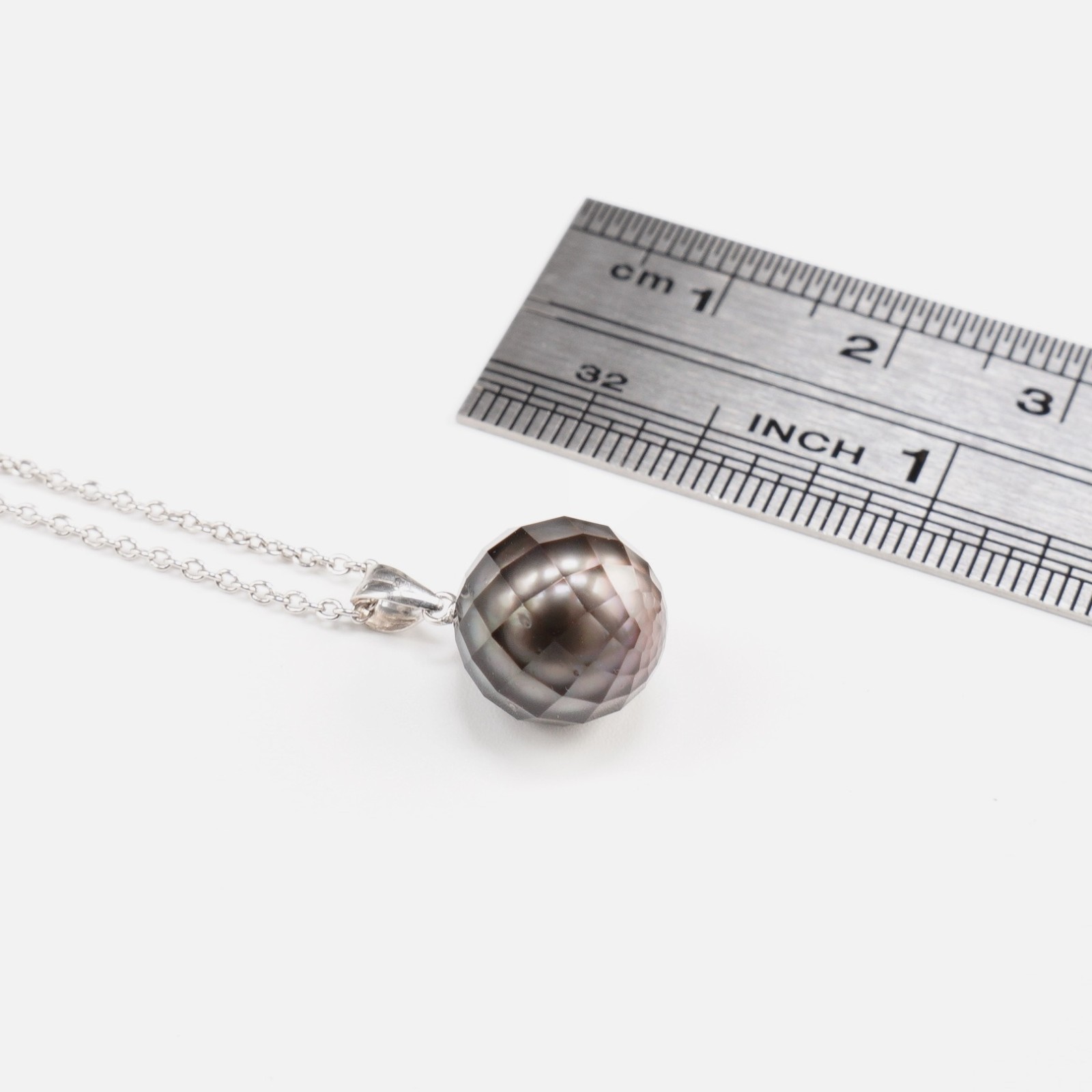 High Luster,Faceted 10.3mm Black Round Tahitian Pearl Pendant,18K White Gold
