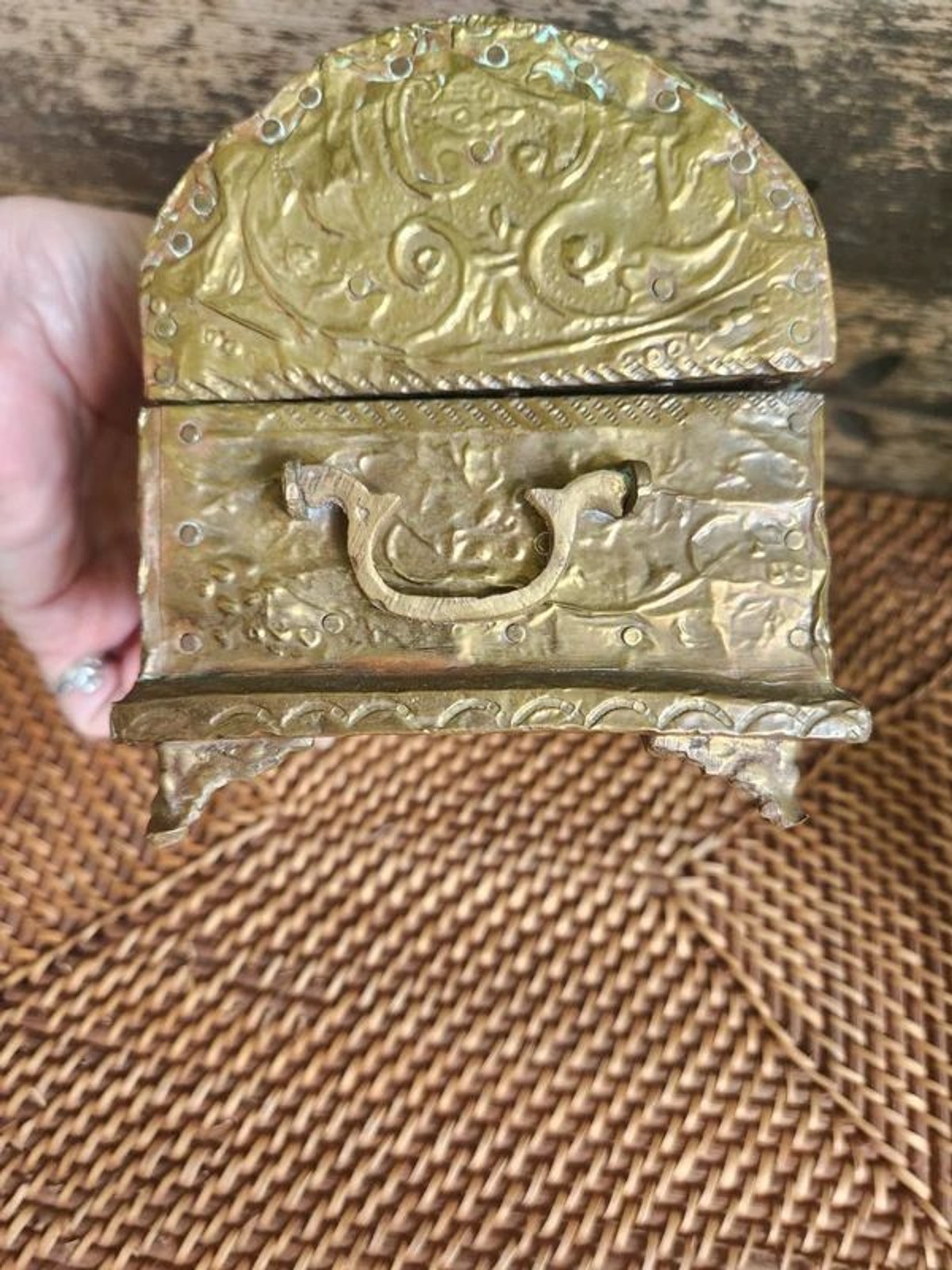Embossed Gold Treasure Box, Jewelry Casket, Lined – handles Ornate Antique UK