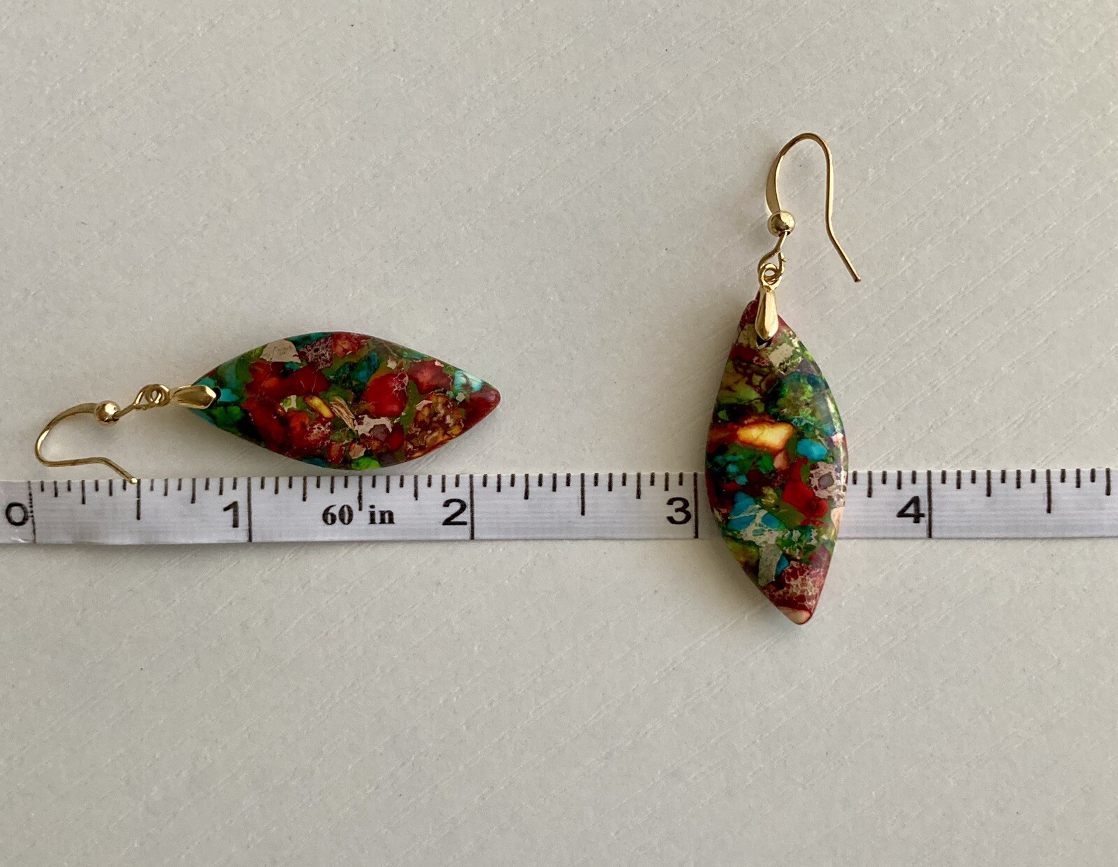 Jasper Stone Natural Imperial Leaf Dangle Drop Multicolor Earrings 7.71g Ladies