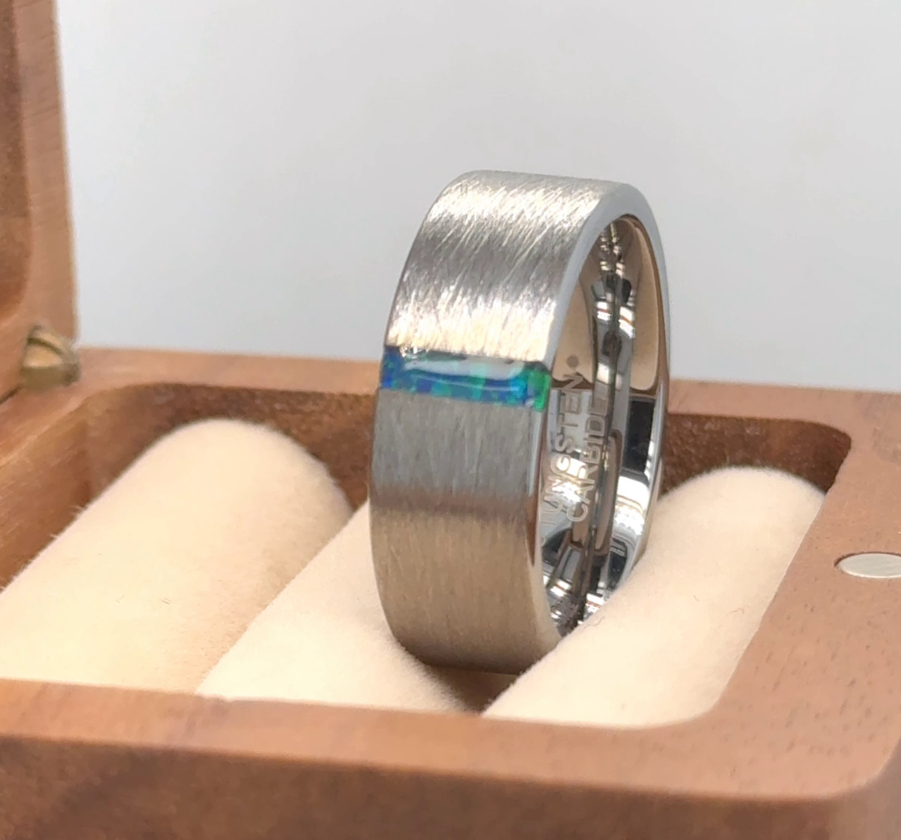 Pipe Cut Tungsten Wedding Rings Opal Engagement Ring Ice Brushed Lime Opal Ring