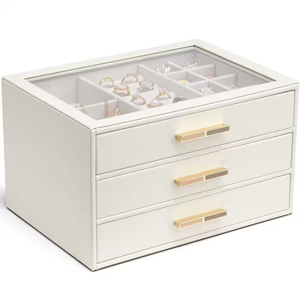 7.1 X 5.9 In. White PU Leather Jewelry Box with Glass Lid, 3-Drawers Organizer f