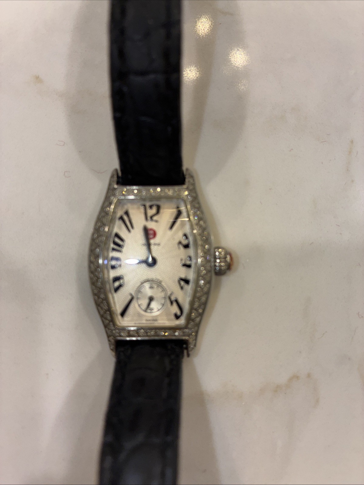 Michele Mini Urban Diamond Watch With Black Leather Band in Excellent Cond.