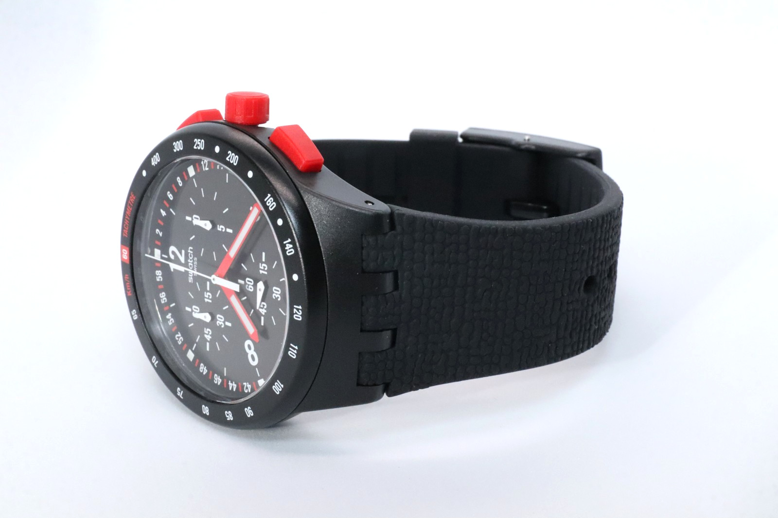 Swiss Swatch Originals STAND HALL Black Chrono Silicone Date Watch 42mm SUSB411
