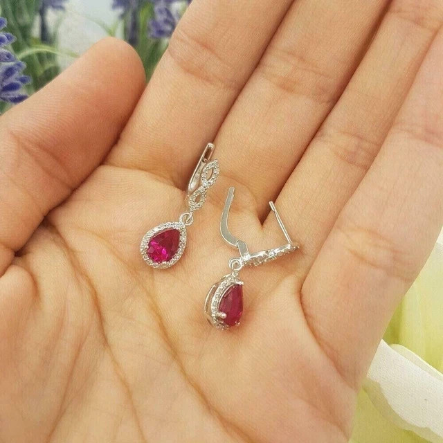 2.15 Ct Pear Cut Lab Created Ruby Drop Dangle Earrings In 14K White Gold Plated