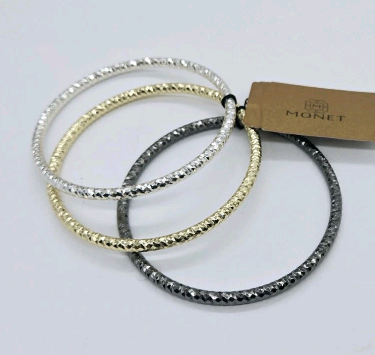 Monet Bangle Bracelet set of 3 Black Silver Gold Over the wrist OSFM