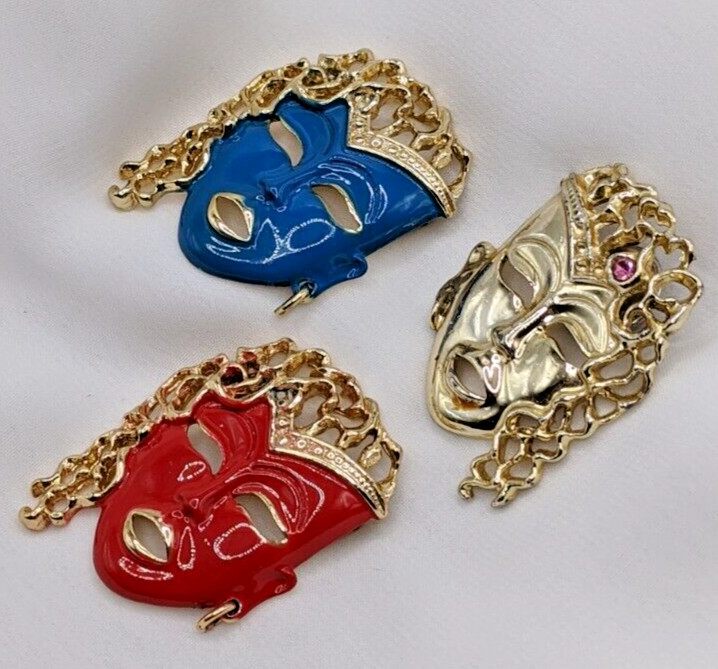 Vintage Pretty Lady Face Mask Brooch Pin Lot of 3 Red Blue Enamel Gold Tone