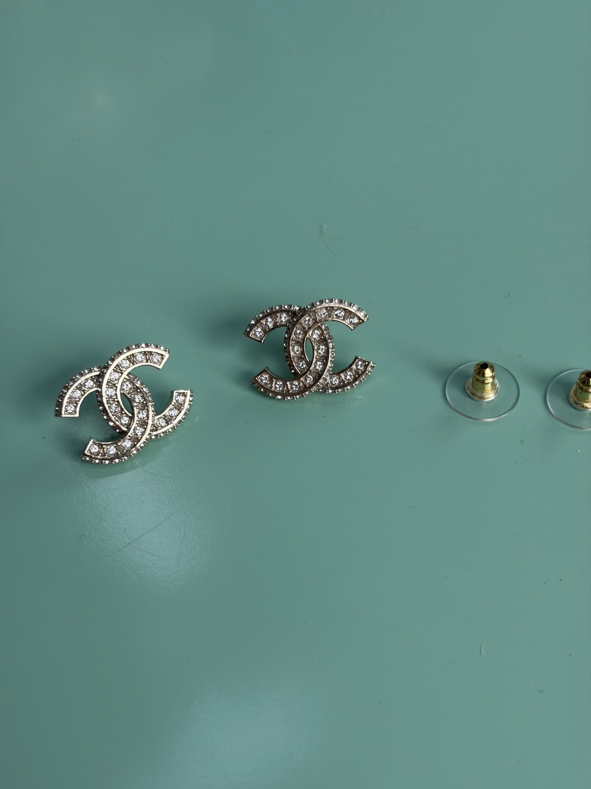Chanel REV Transparent Crystal CC Logo Classic Statement Stud Earrings New