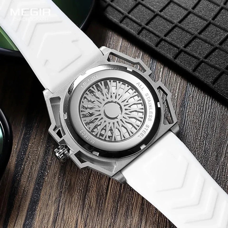 MEGIR Men Automatic Mechanical Watch Skeleton Dial Silicone Strap Waterproof8603