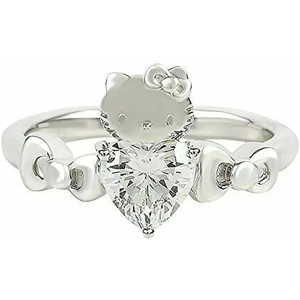 2 CT Heart Simulated Women Hello Kitty Engagement Ring White Gold Plated