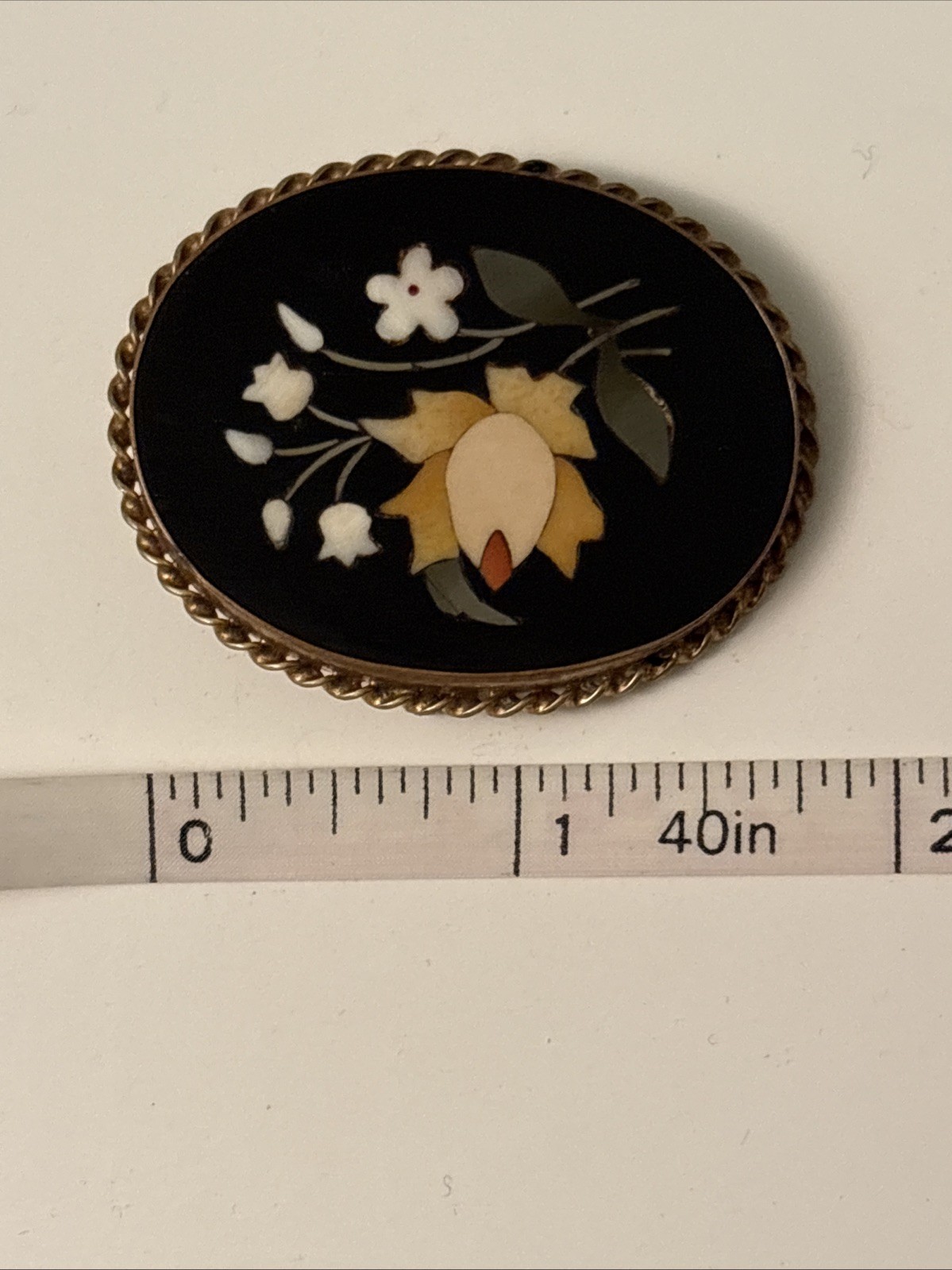 Vintage Gold Tone Floral Inlay Pietra Dura Brooch G2U