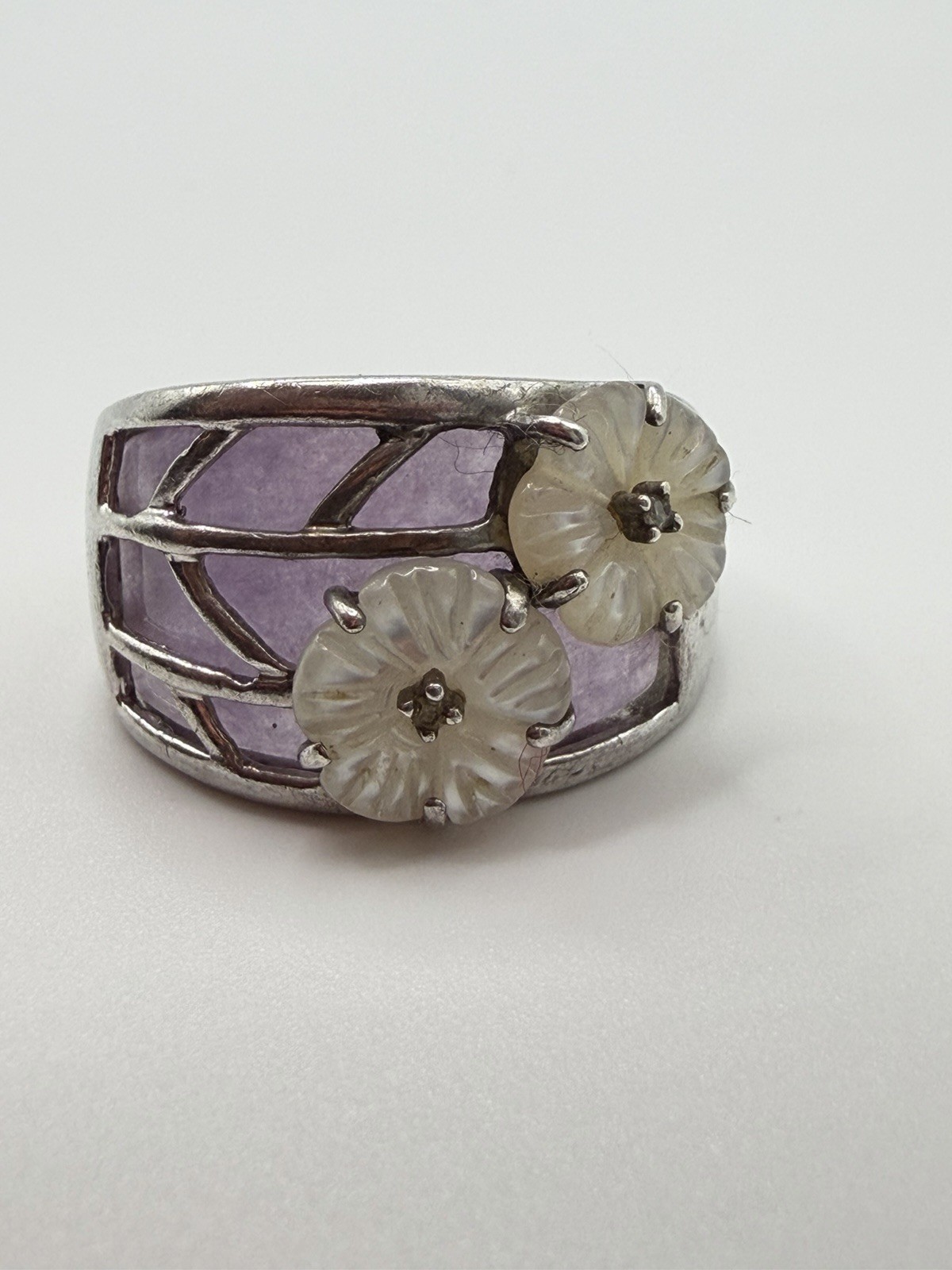 Sterling Silver 925 Amethyst Band With MOP Floral Decor Ring 8.15g, Size 9