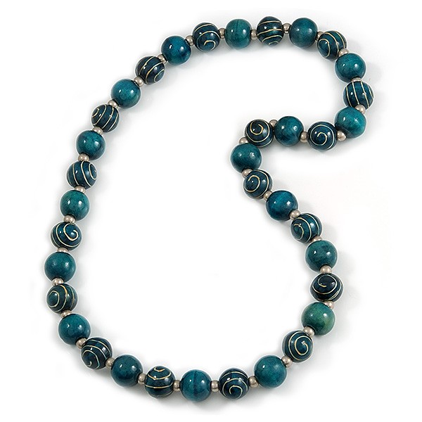 Chunky Round Wooden Bead Long Necklace/ Teal/ 82cm Long