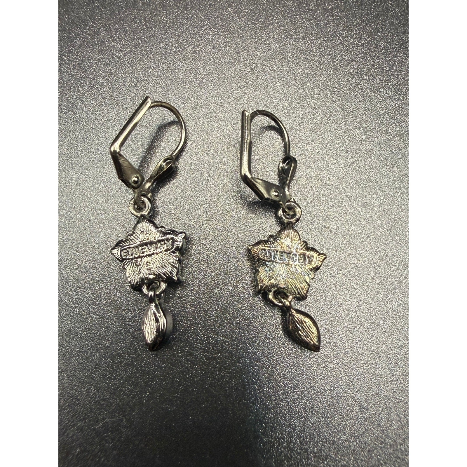Vintage Givenchy blue rhinestone flower drop earrings dark silver-tone finish