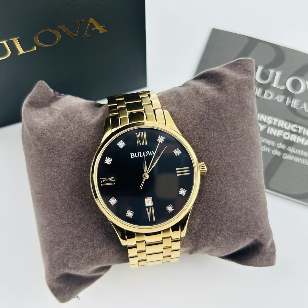 Bulova 97D108 Diamond Black Dial Gold-Tone Bracelet Men’s Quartz Watch New 40mm