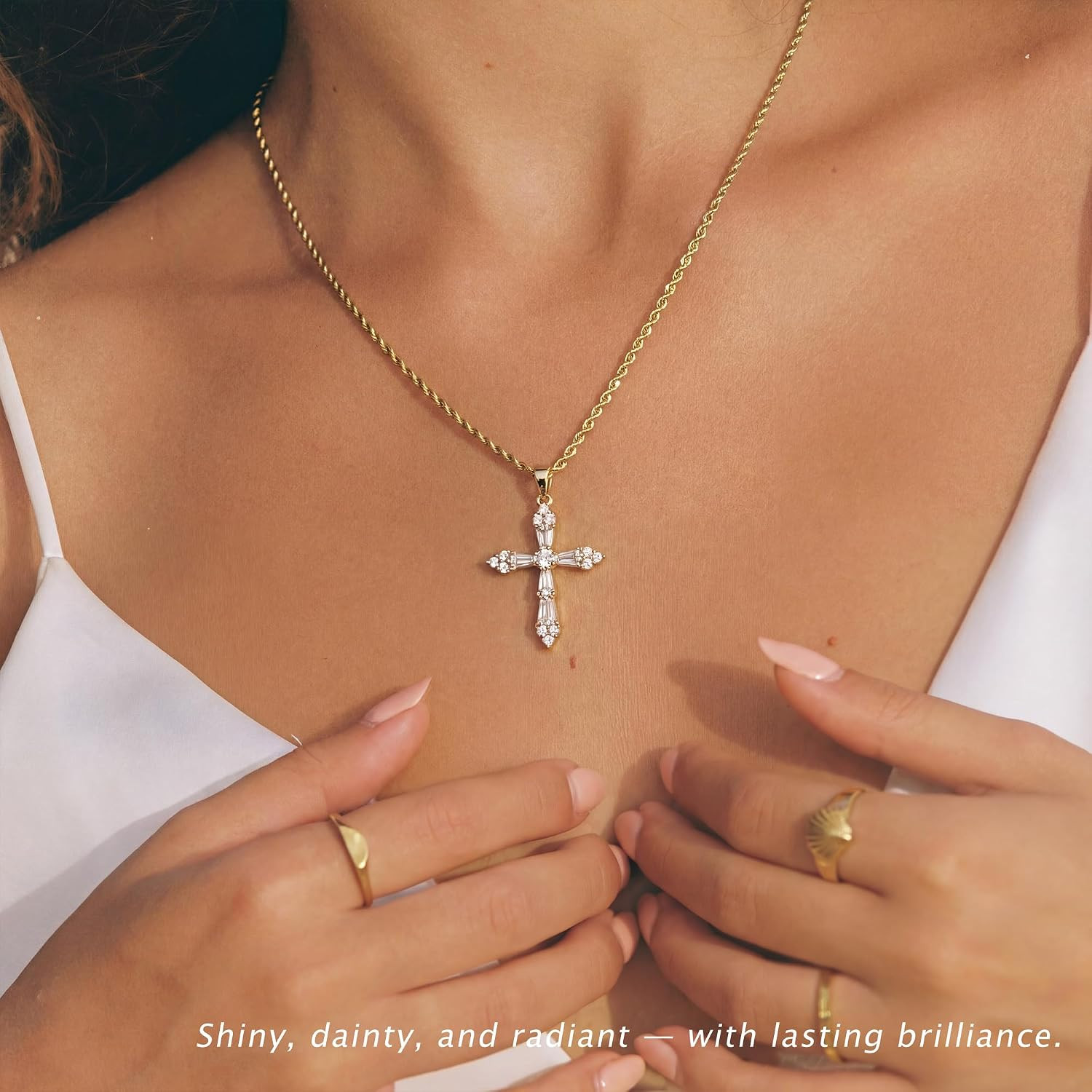 Dainty 14K Gold Plated Tiny Cross Pendant Chain Jewelry Non Tarnish Hypoallergen