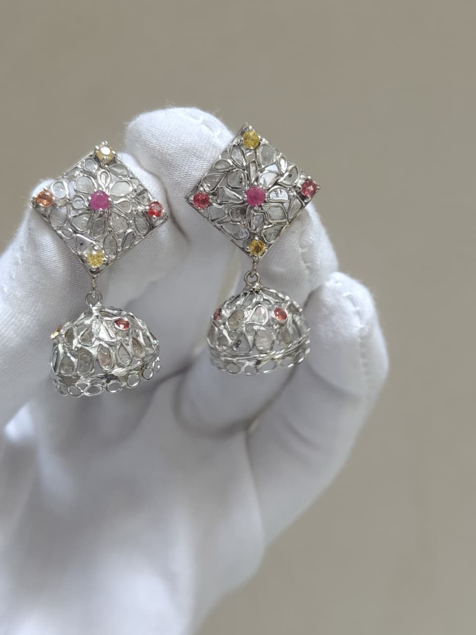 Natural Polki Jhumka Drop Earrings 925 Sterling Silver Handmade Bridal Wedding