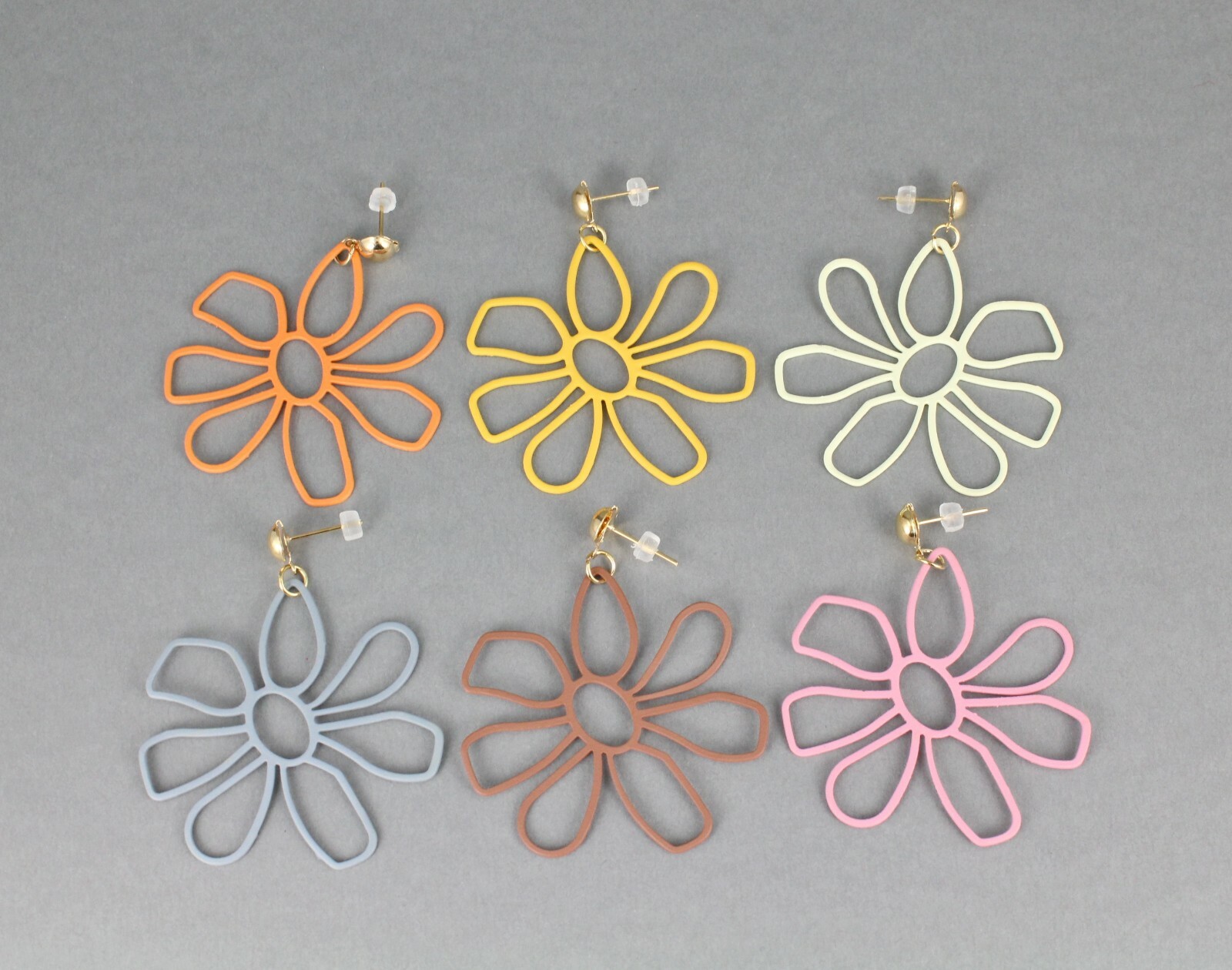 Pink flower earrings post stud dangle floral daisy outline lightweight 1.75″