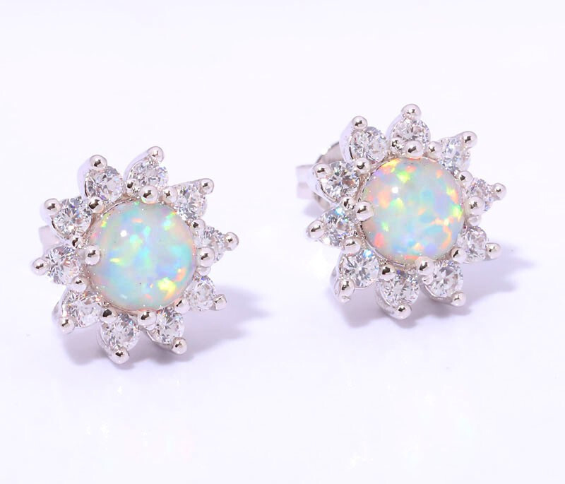 NEW Delicate Silver Stud Earrings, White Fire Opal and Cubic Zirconia