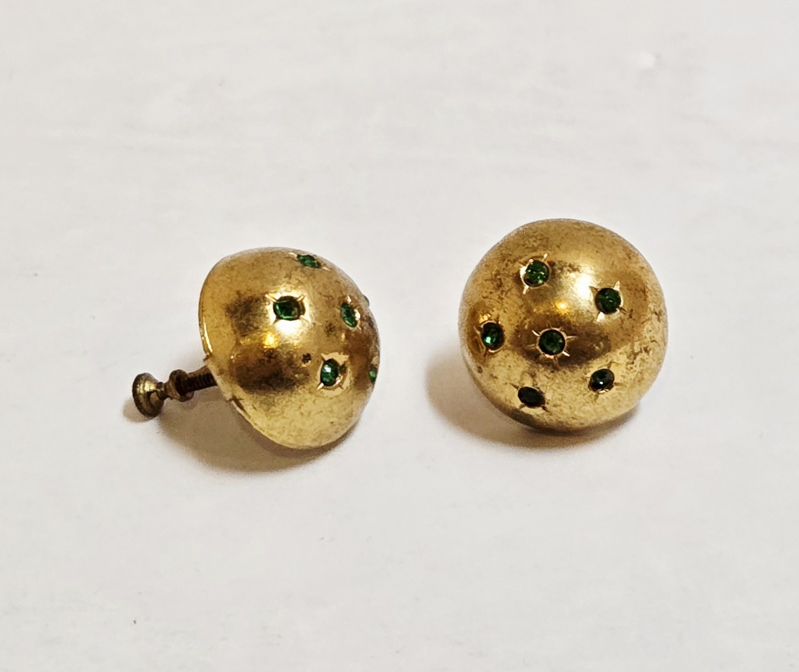 Vintage Signed CORO Fur Clip Duette Green Rhinestone Gold Tone Dome Earrings