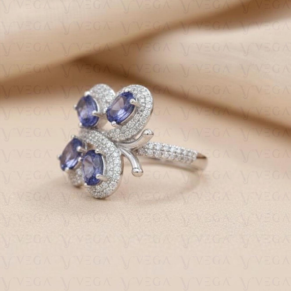 6Ct Oval Cut Natural Tanzanite And Diamond Butterfly Ring 18K White Gold Filled