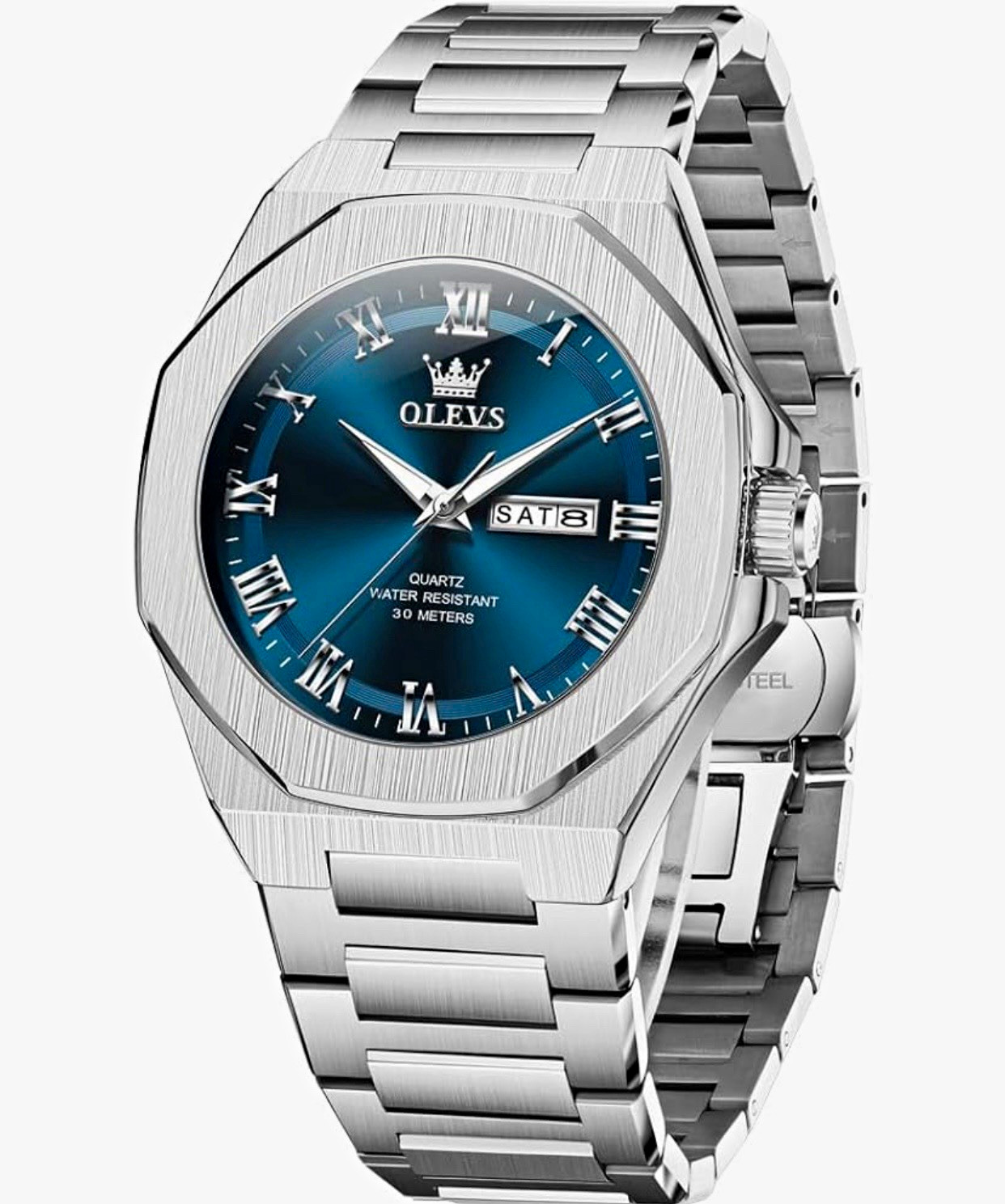 OLEVS Men’s Quartz Dress Watch 43mm Octagon Blue Dial Roman Day/Date 30m