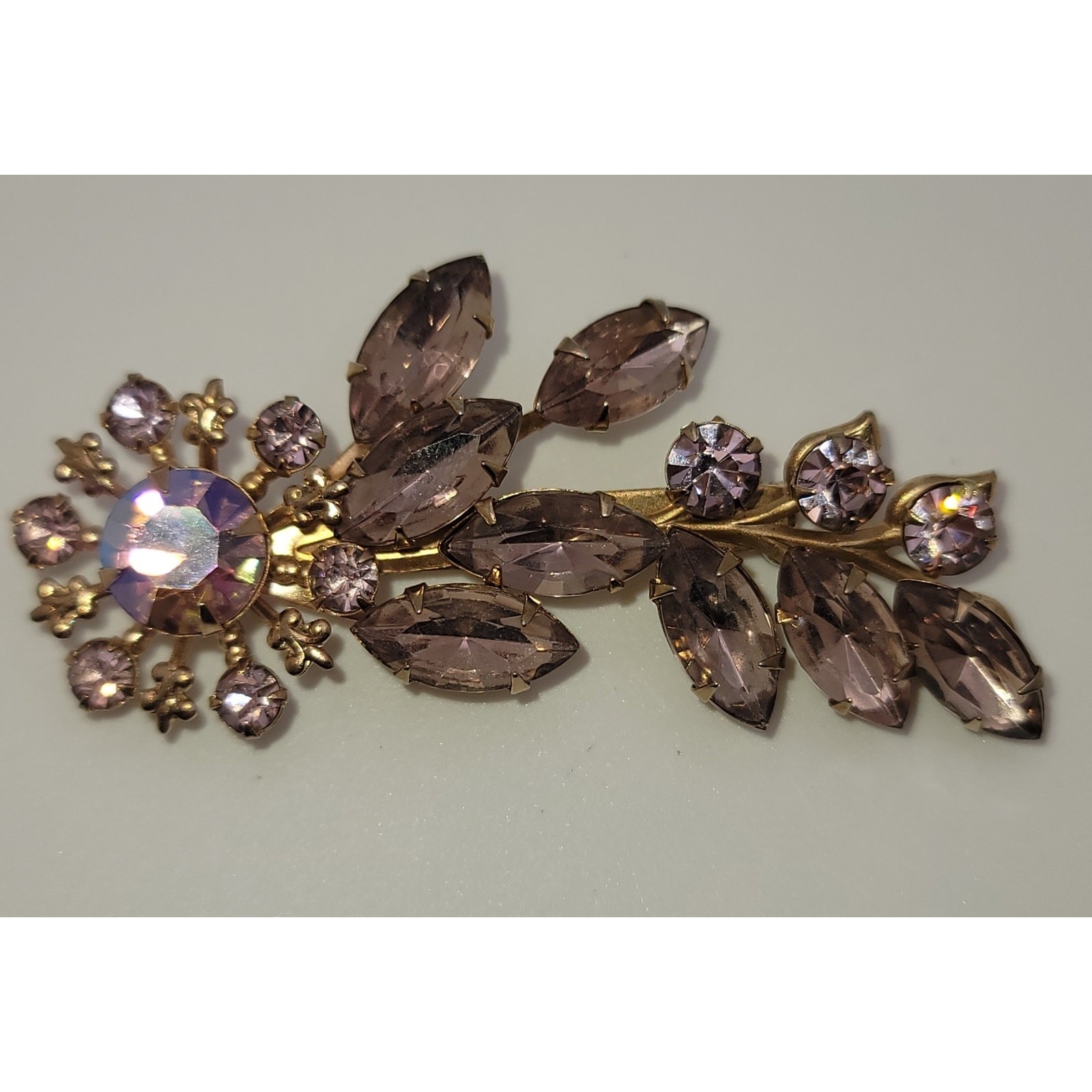 Vintage Lavender Rhinestone Floral Brooch Central Aurora Borealis Stone