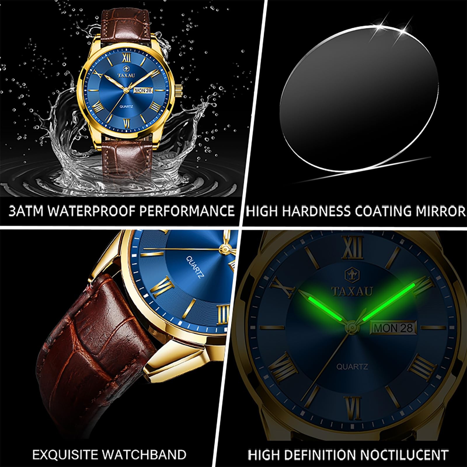 Taxau Leather Watches for Men Blue Face Classic Luxury Men’s Dress Watch Anal…