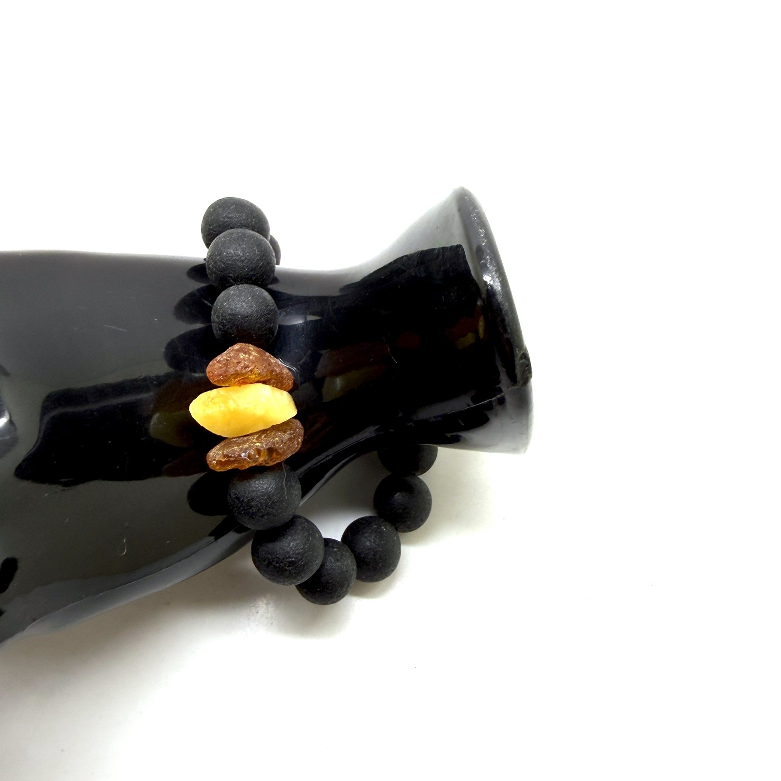 Natural Baltic Amber Healing Bracelet black 12mm Beaded Gift for Her 16.9g